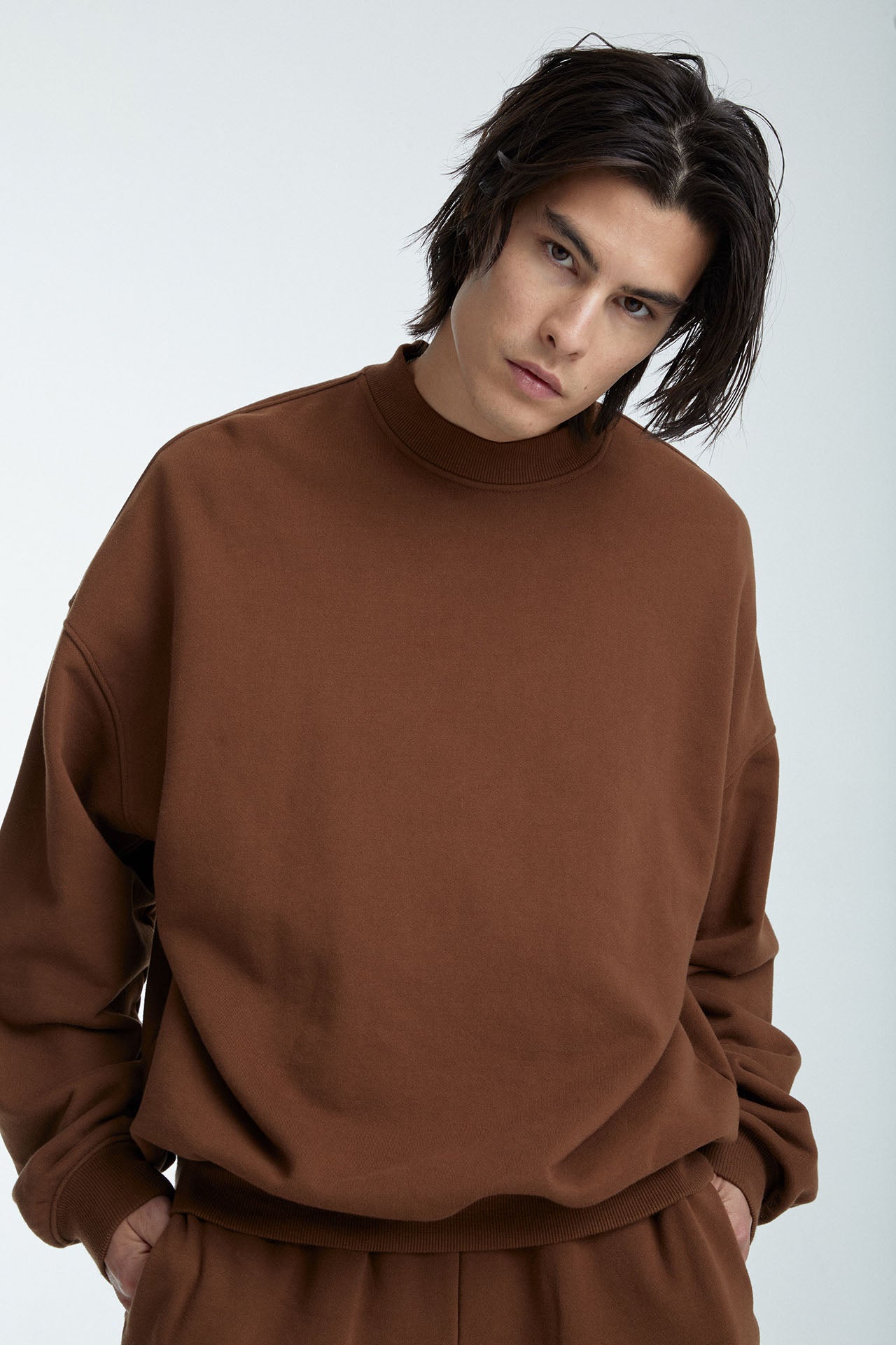 Unisex Mock Neck Crew Sweat Brown
