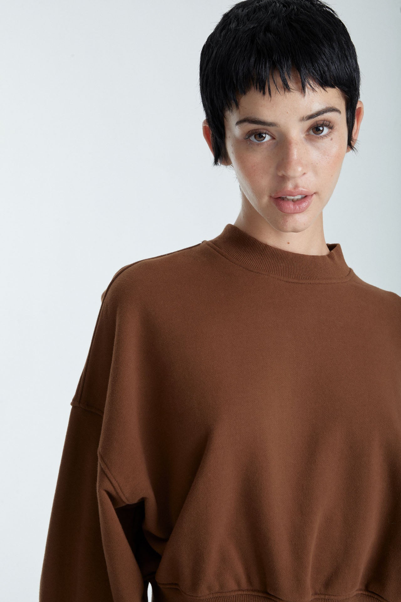 Cropped Mock Neck Crew Sweat Brown