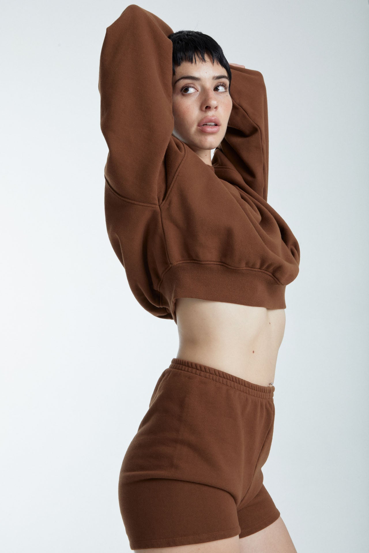 Cropped Mock Neck Crew Sweat Brown
