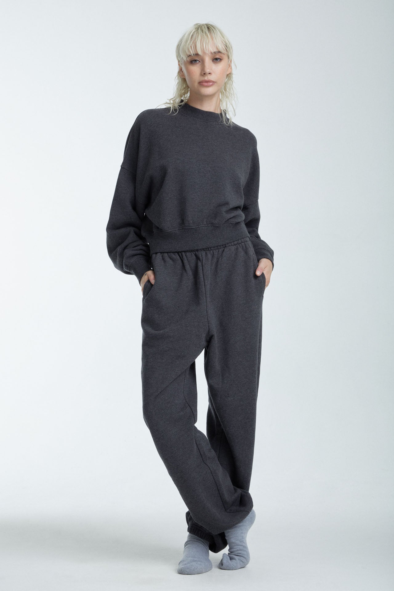 Cropped Mock Neck Crew Sweat Charcoal Grey