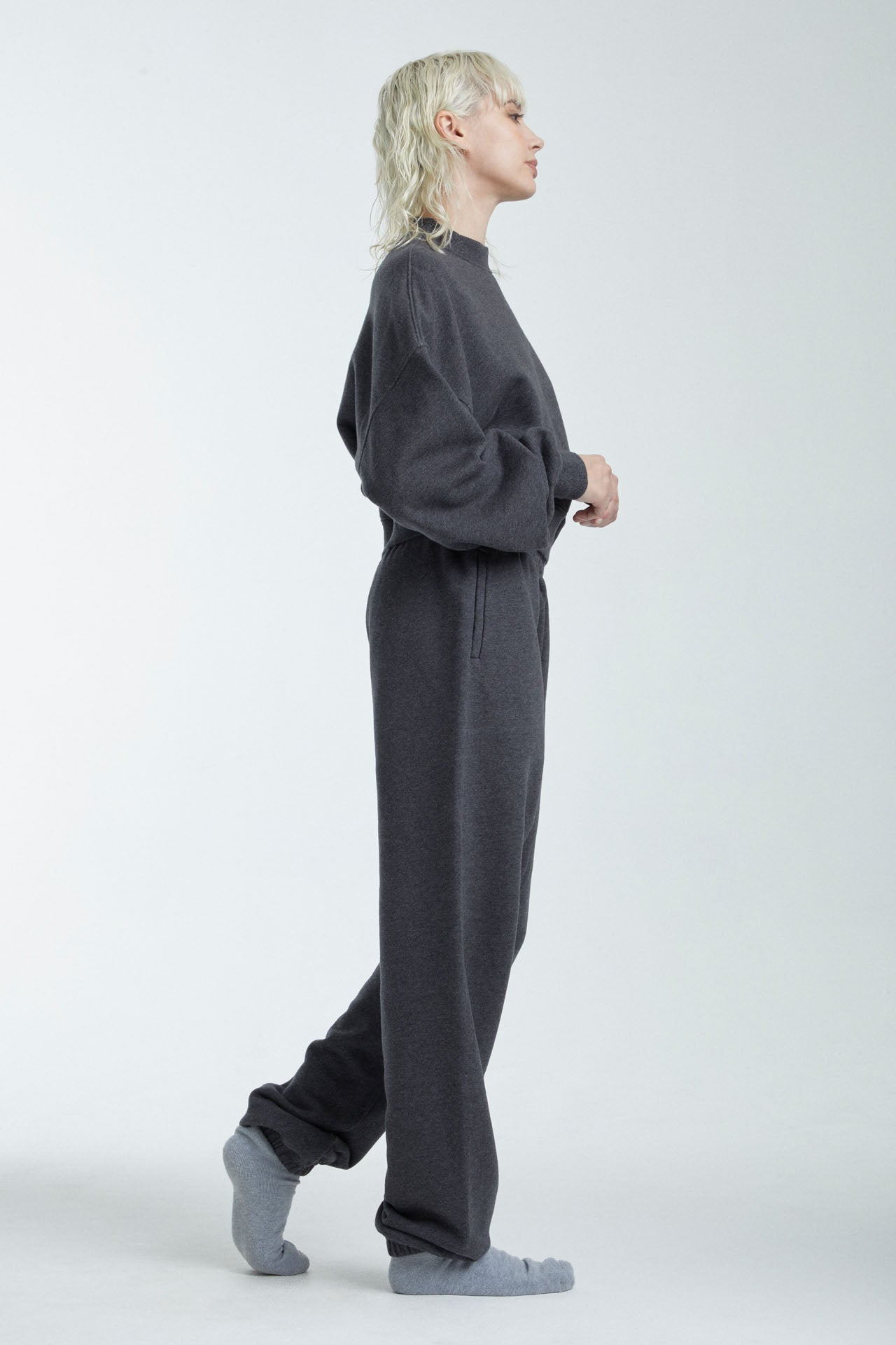 Cropped Mock Neck Crew Sweat Charcoal Grey