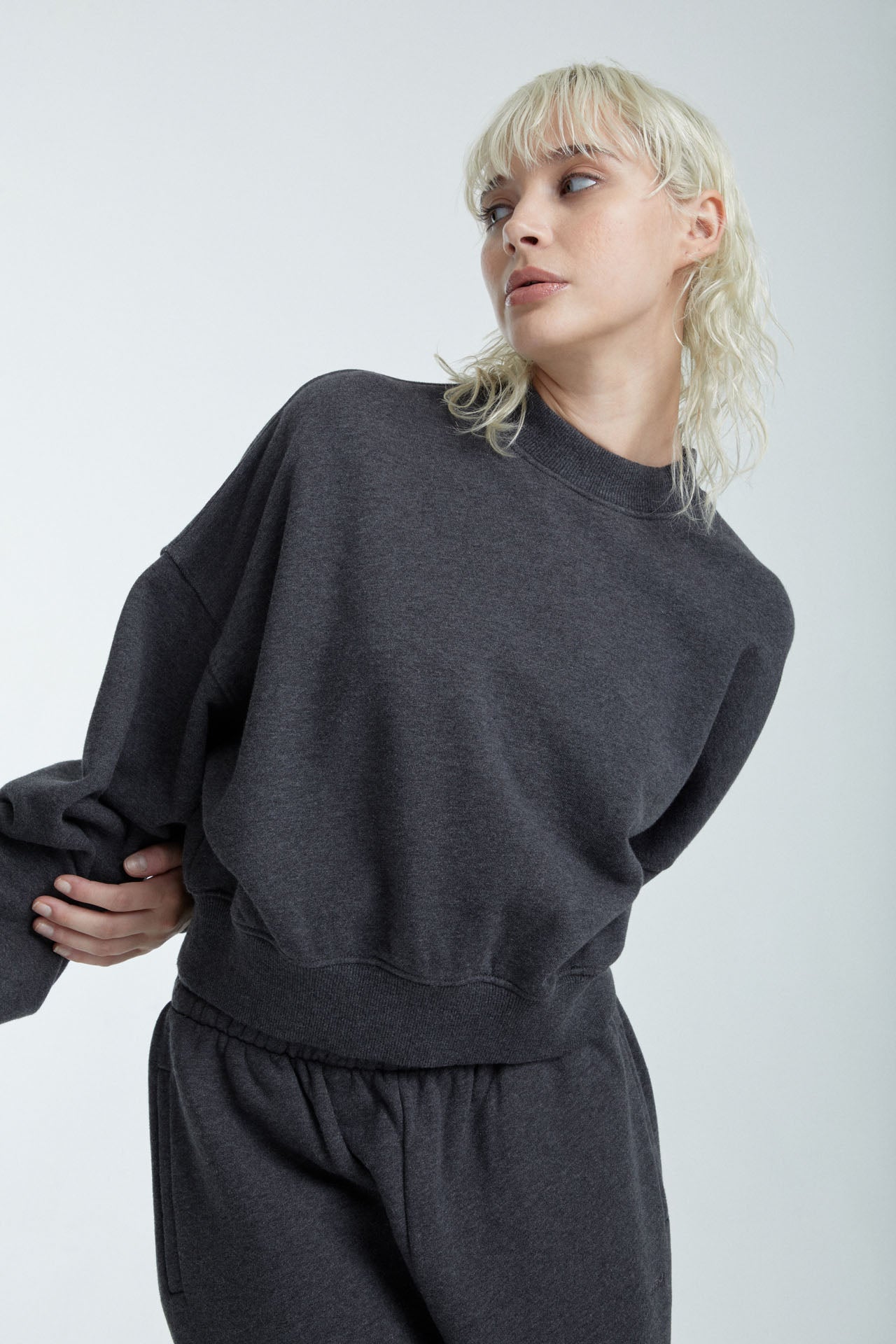 Cropped Mock Neck Crew Sweat Charcoal Grey