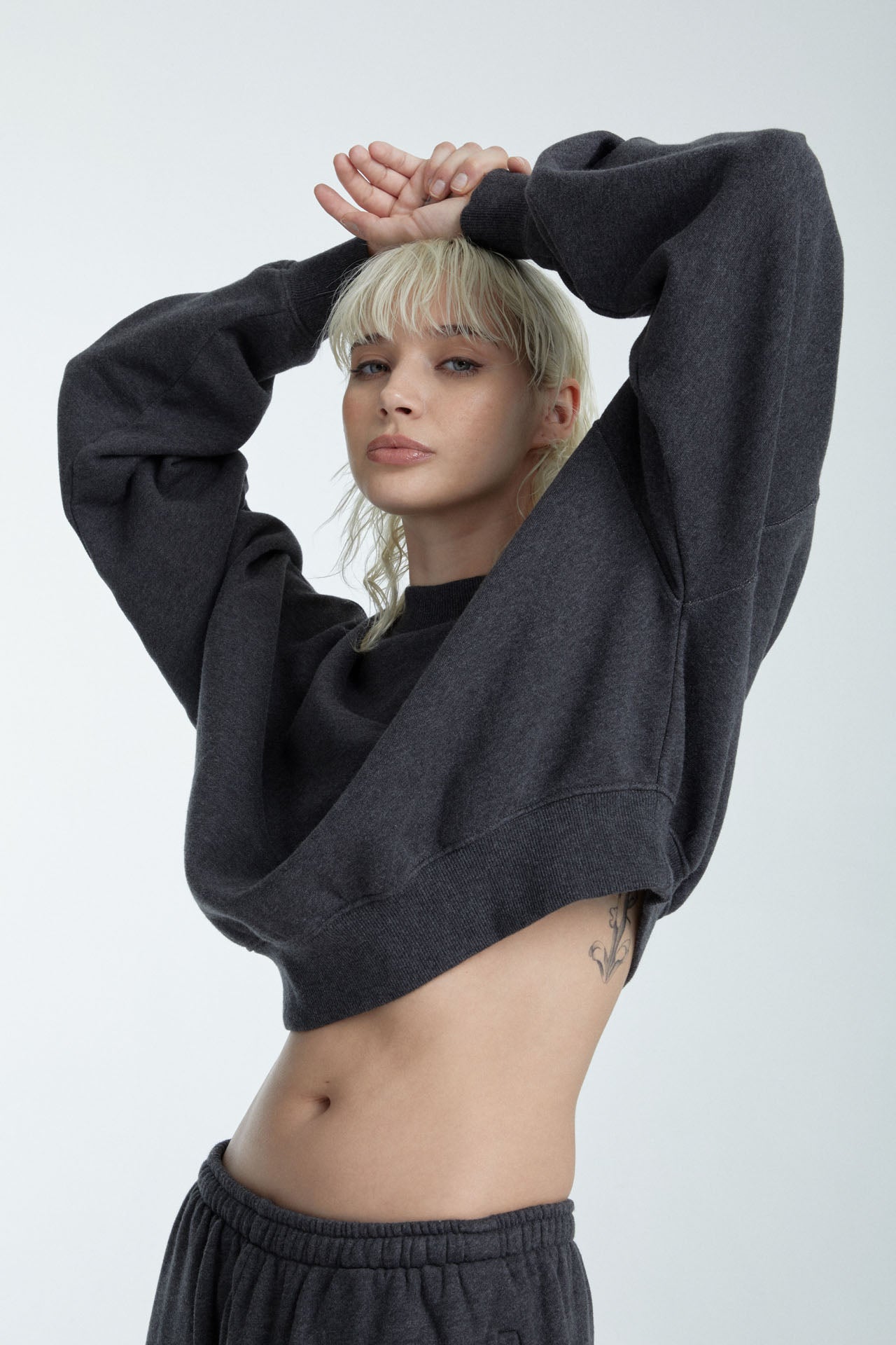 Cropped Mock Neck Crew Sweat Charcoal Grey