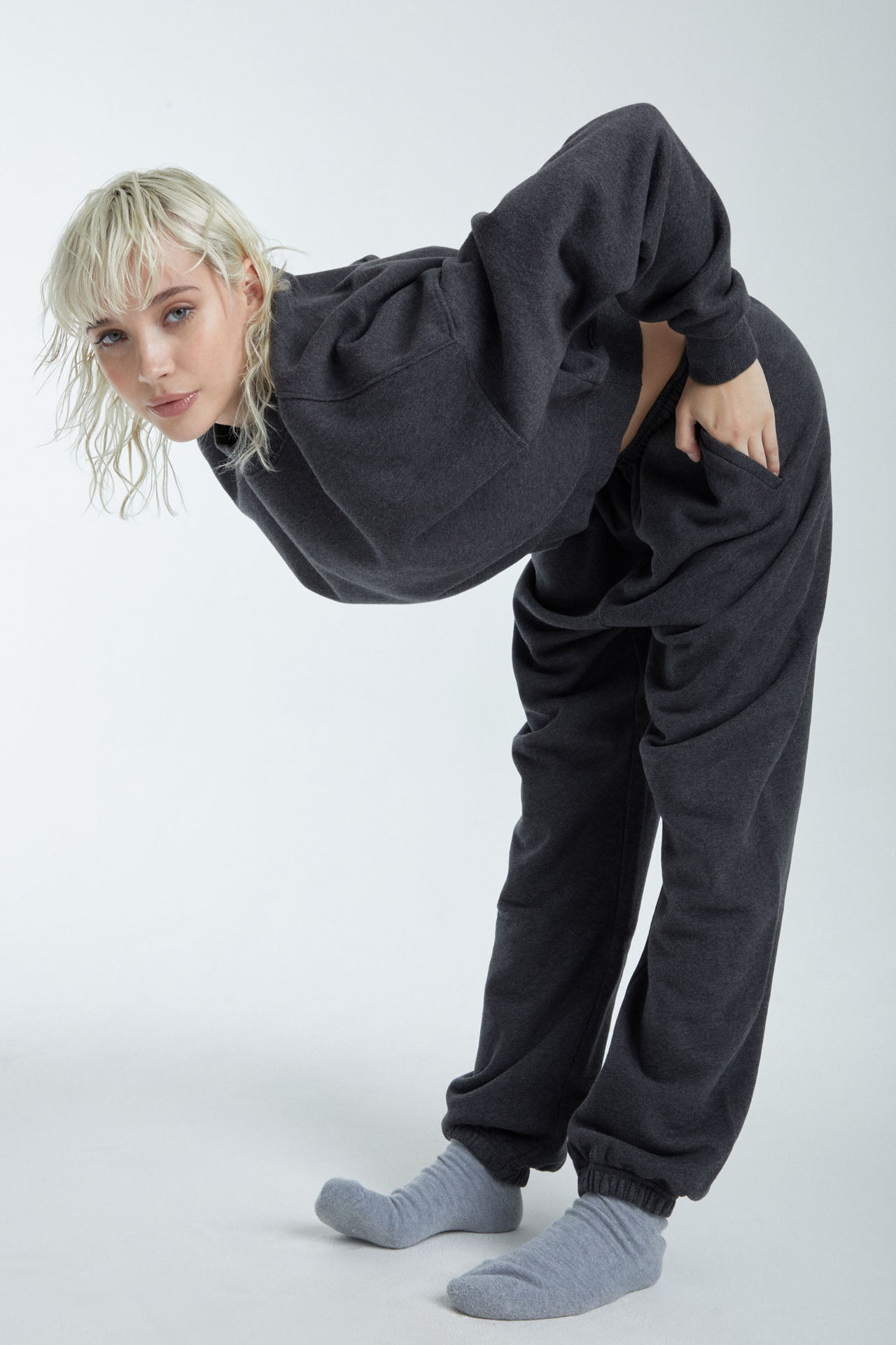 Cropped Mock Neck Crew Sweat Charcoal Grey