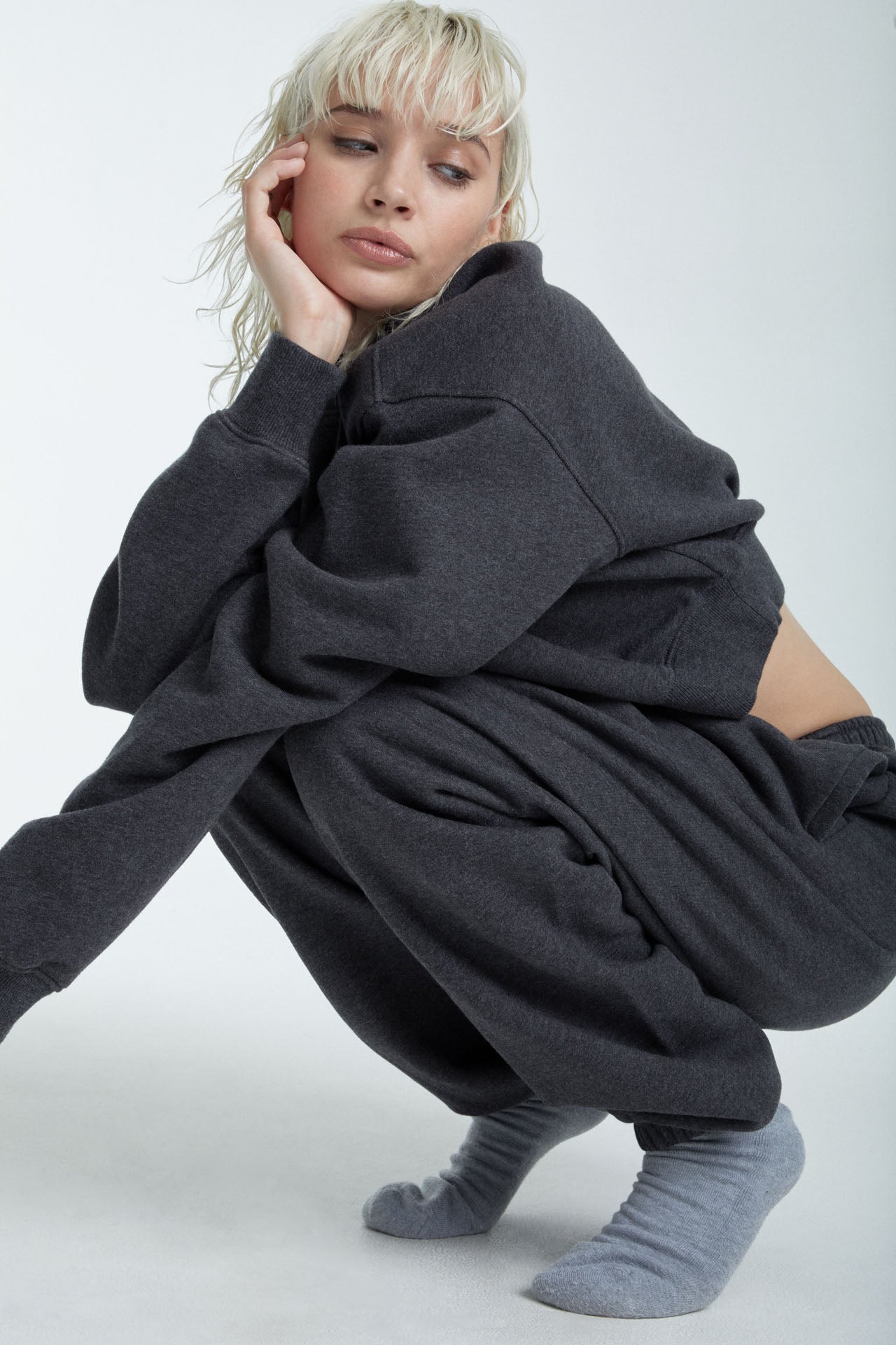 Cropped Mock Neck Crew Sweat Charcoal Grey