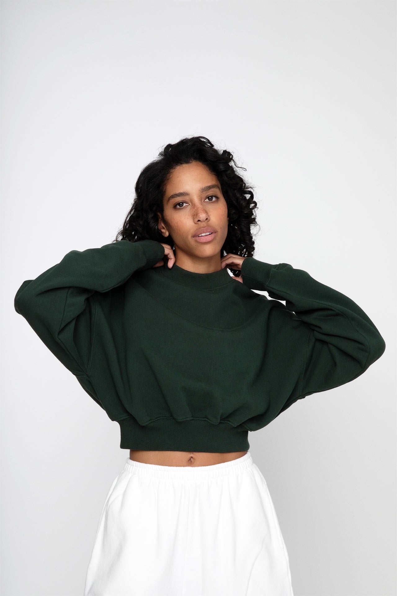 Cropped Mock Neck Crew Sweat Green