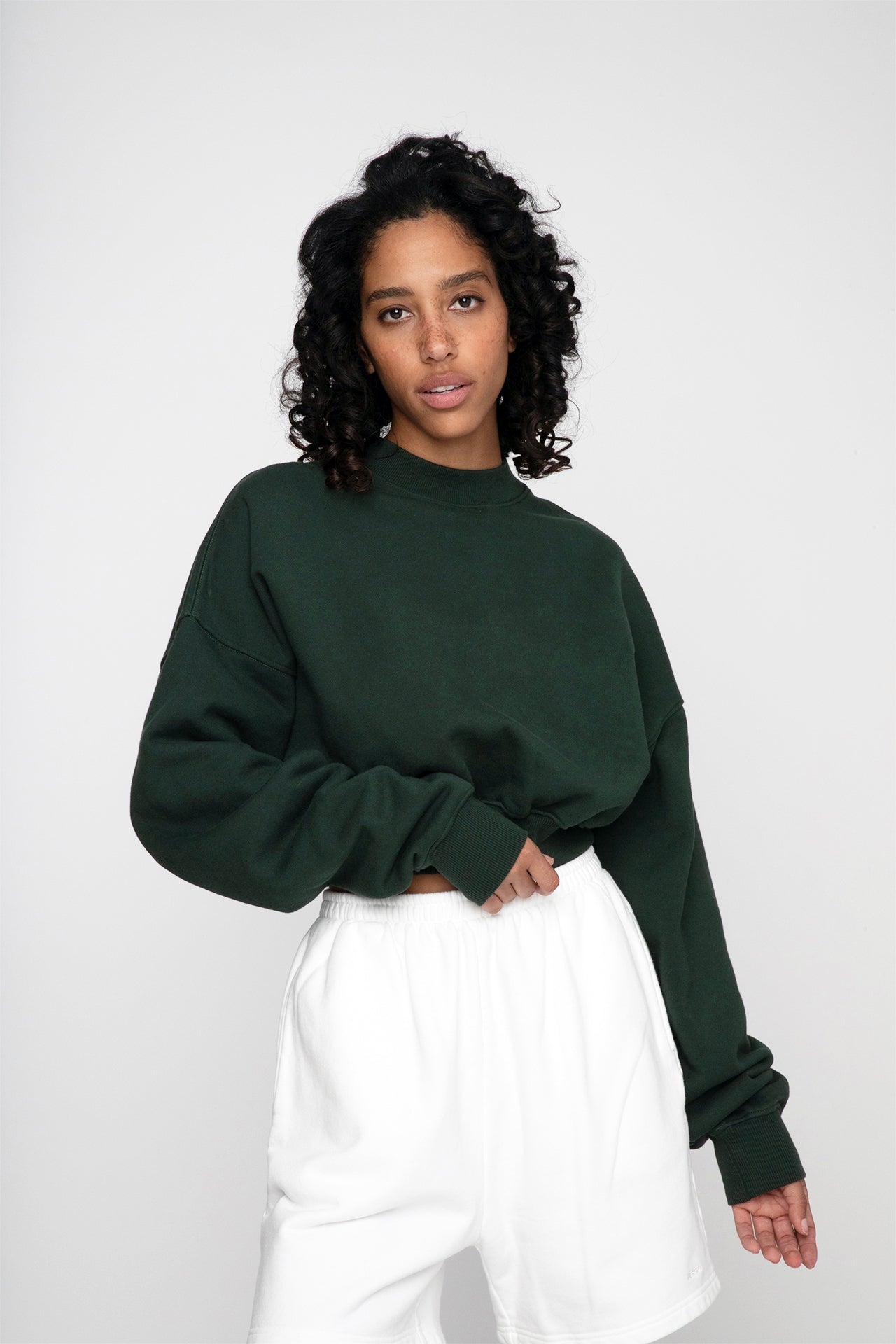 Cropped Mock Neck Crew Sweat Green