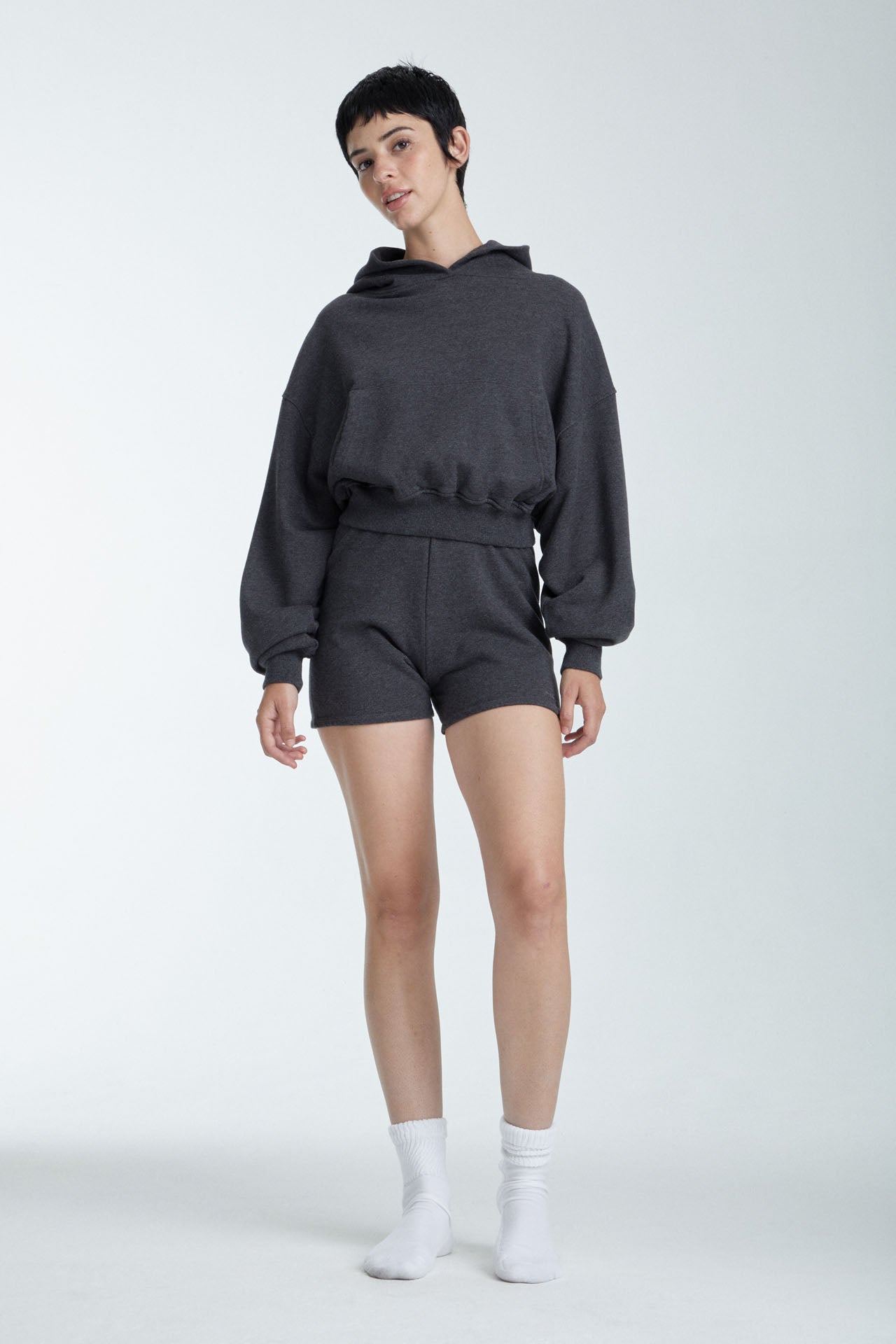Cropped Pullover Hoodie - Charcoal Model full front
