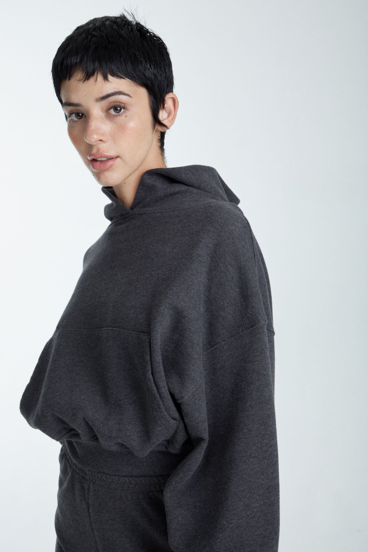 Cropped Pullover Hoodie - Charcoal Model half side
