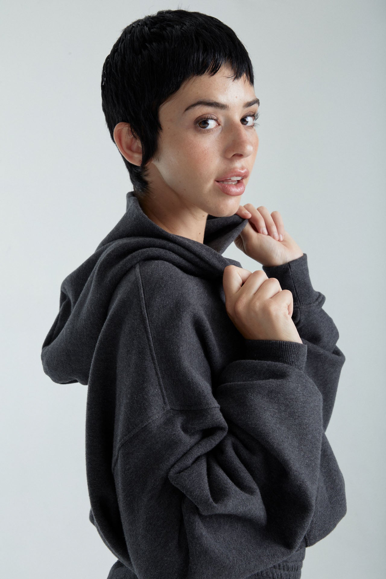 Cropped Pullover Hoodie - Charcoal Model side close