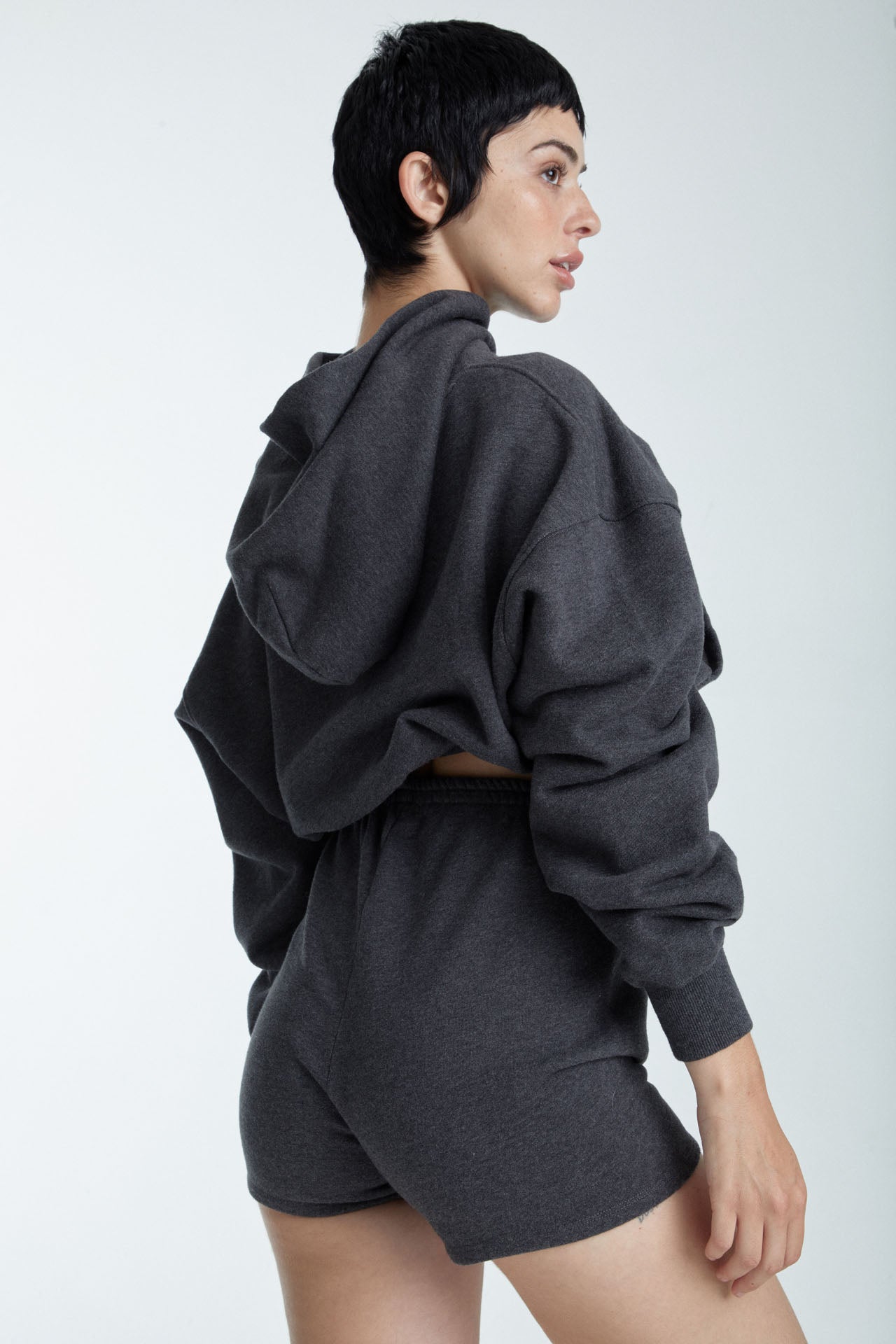 Cropped Pullover Hoodie - Charcoal Model half side