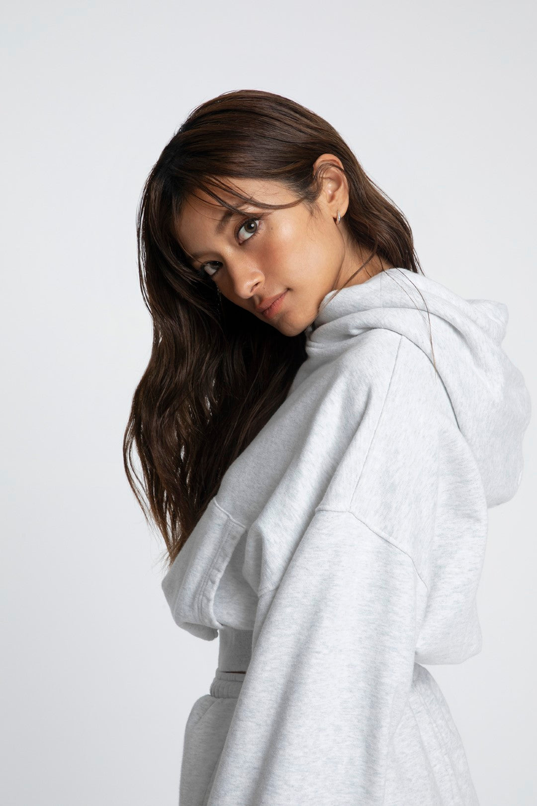 Cropped Pullover Hoodie - Ash Grey Model half side