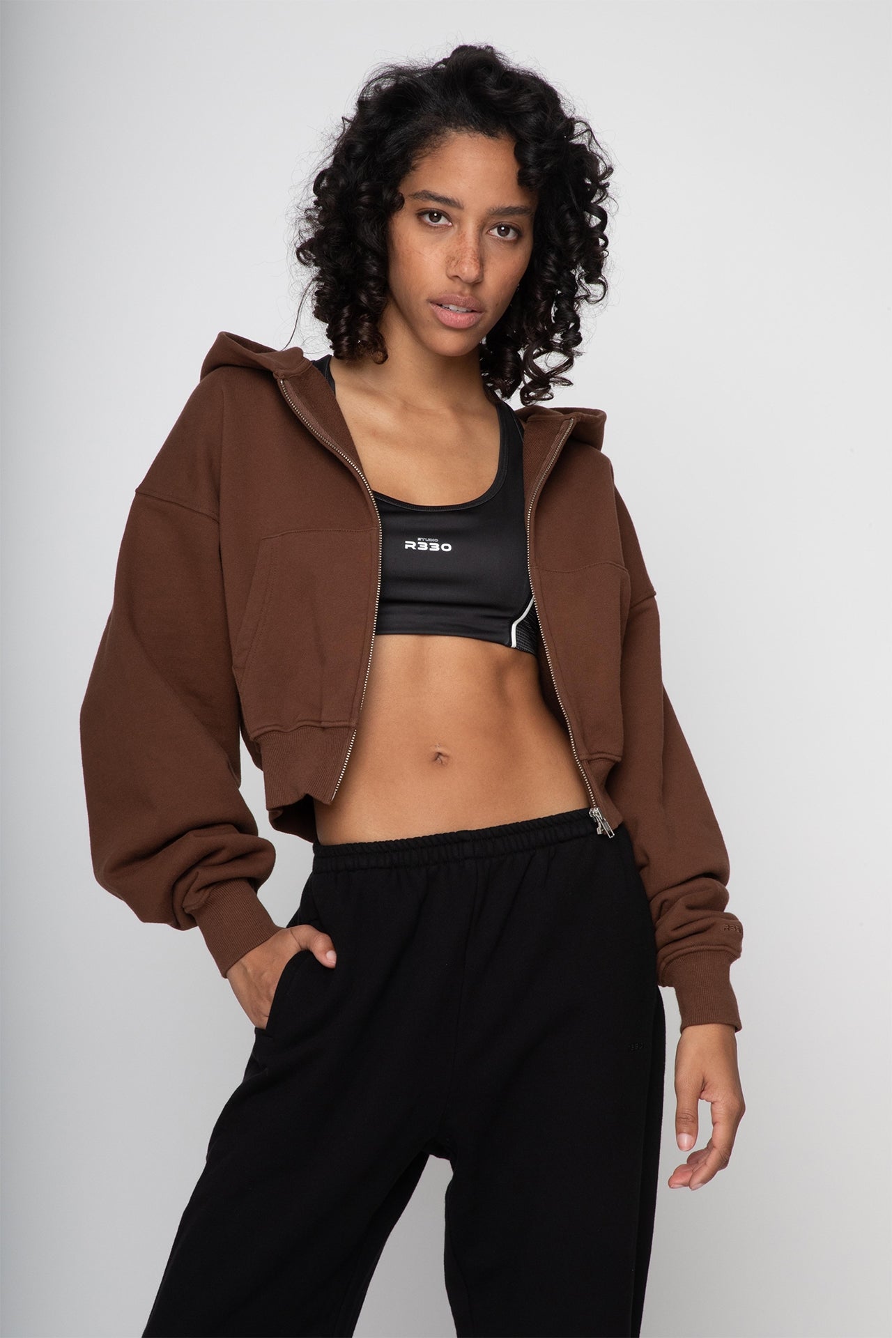 Cropped Zip Hoodie - Model unzip front