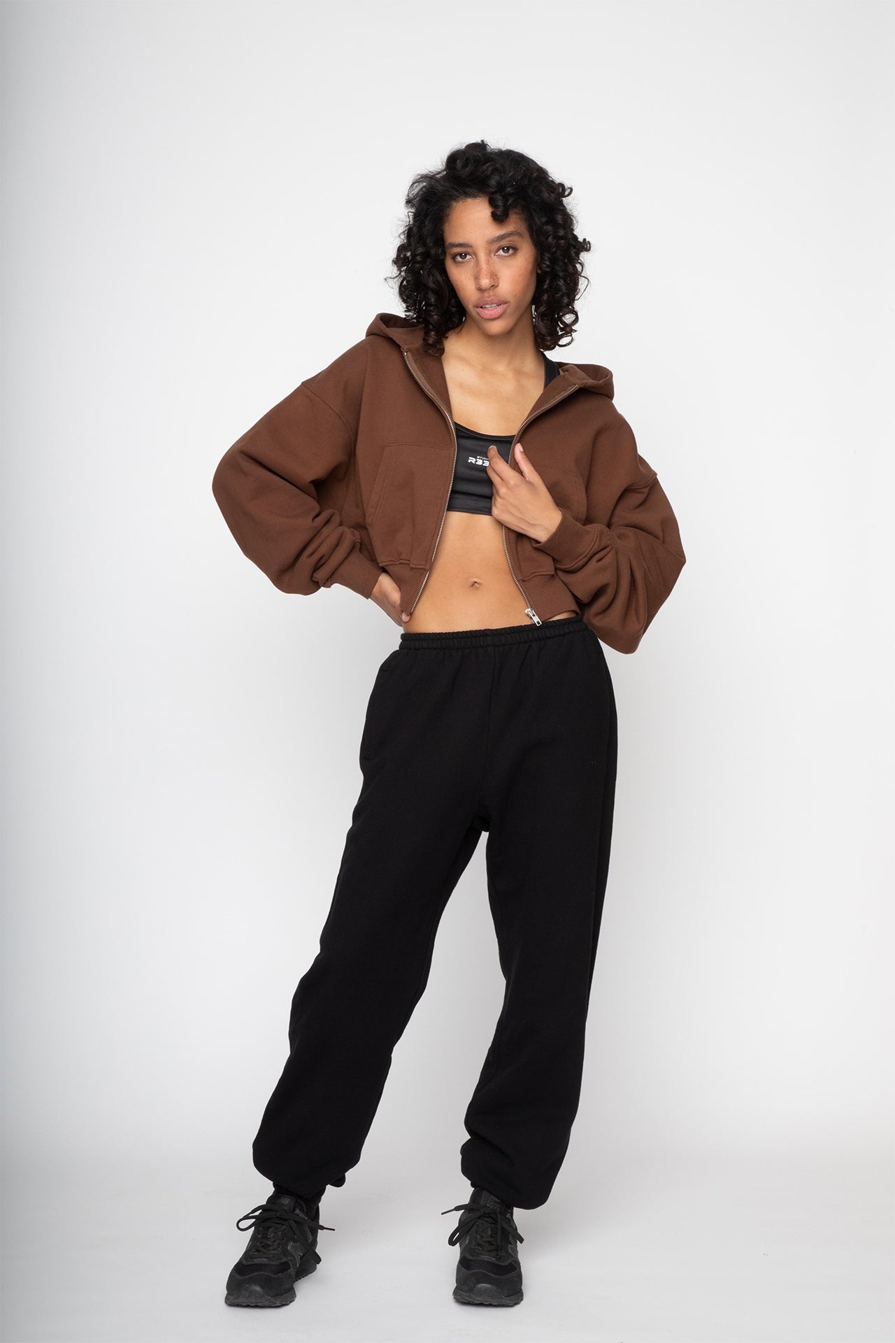 Cropped Zip Hoodie - Model full front