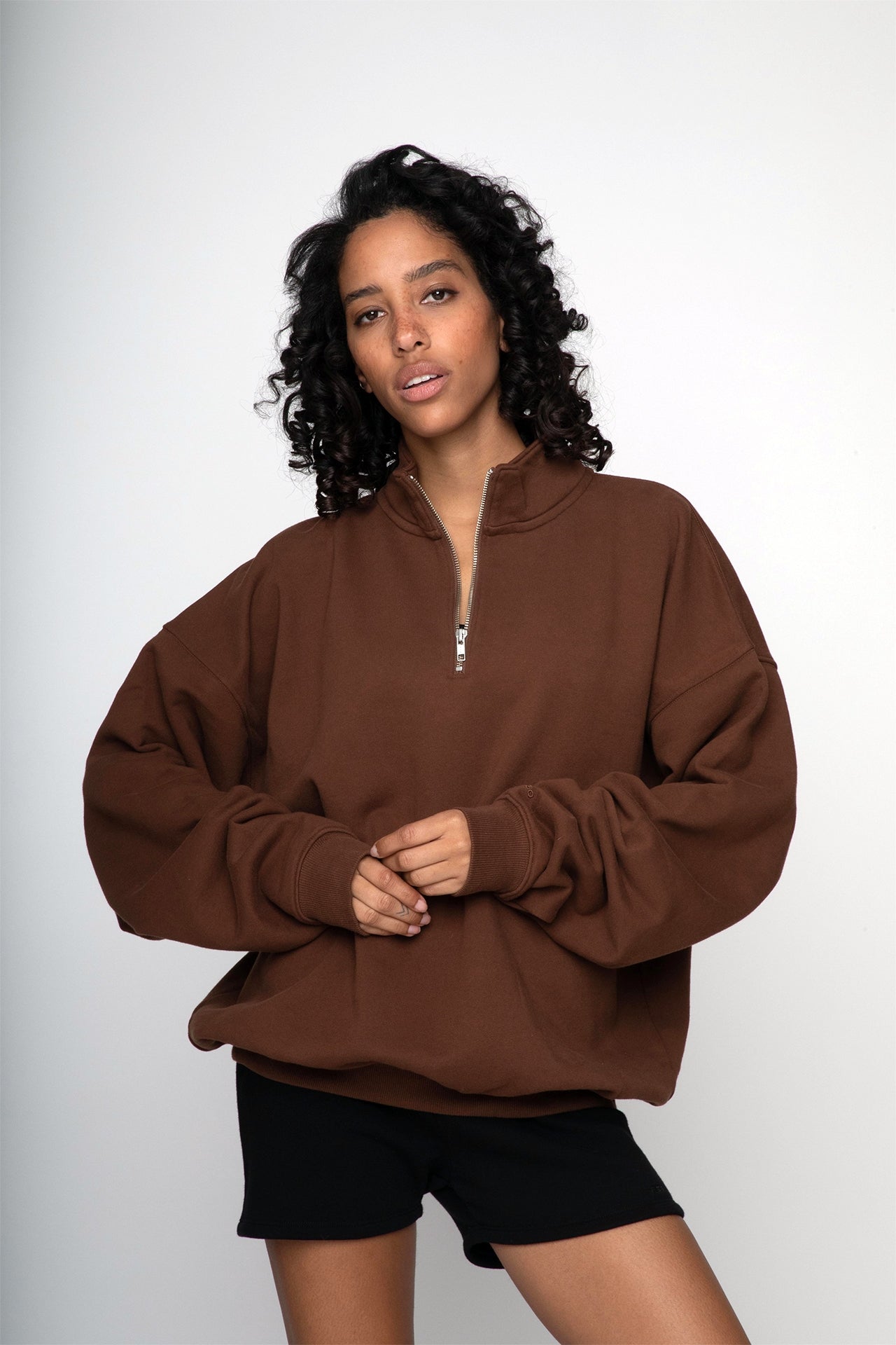 Unisex Oversized Half Zip Sweat Brown