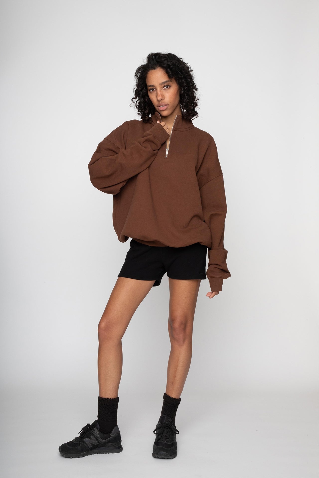 Unisex Oversized Half Zip Sweat Brown