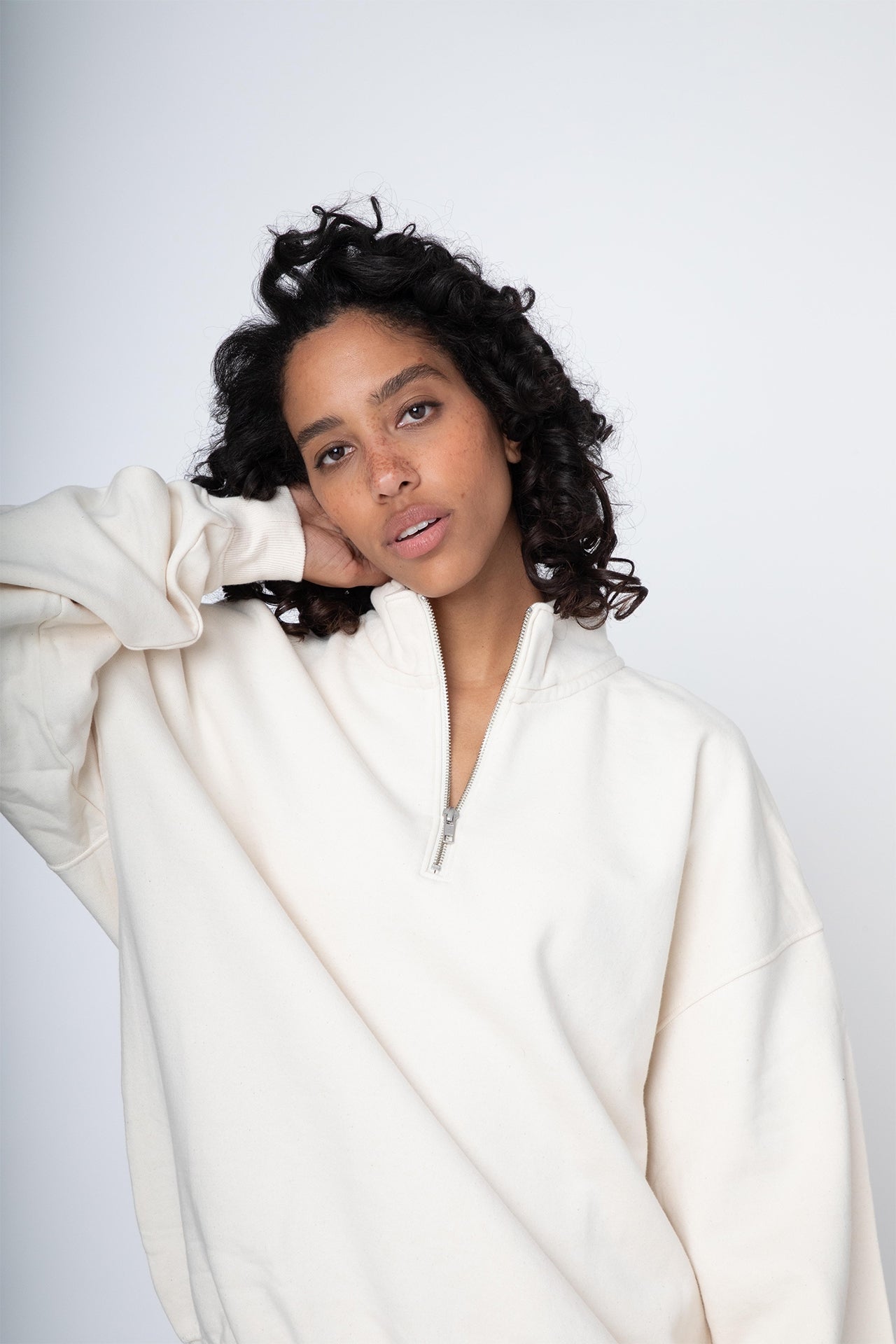 Unisex Oversized Half Zip Sweat Ecru