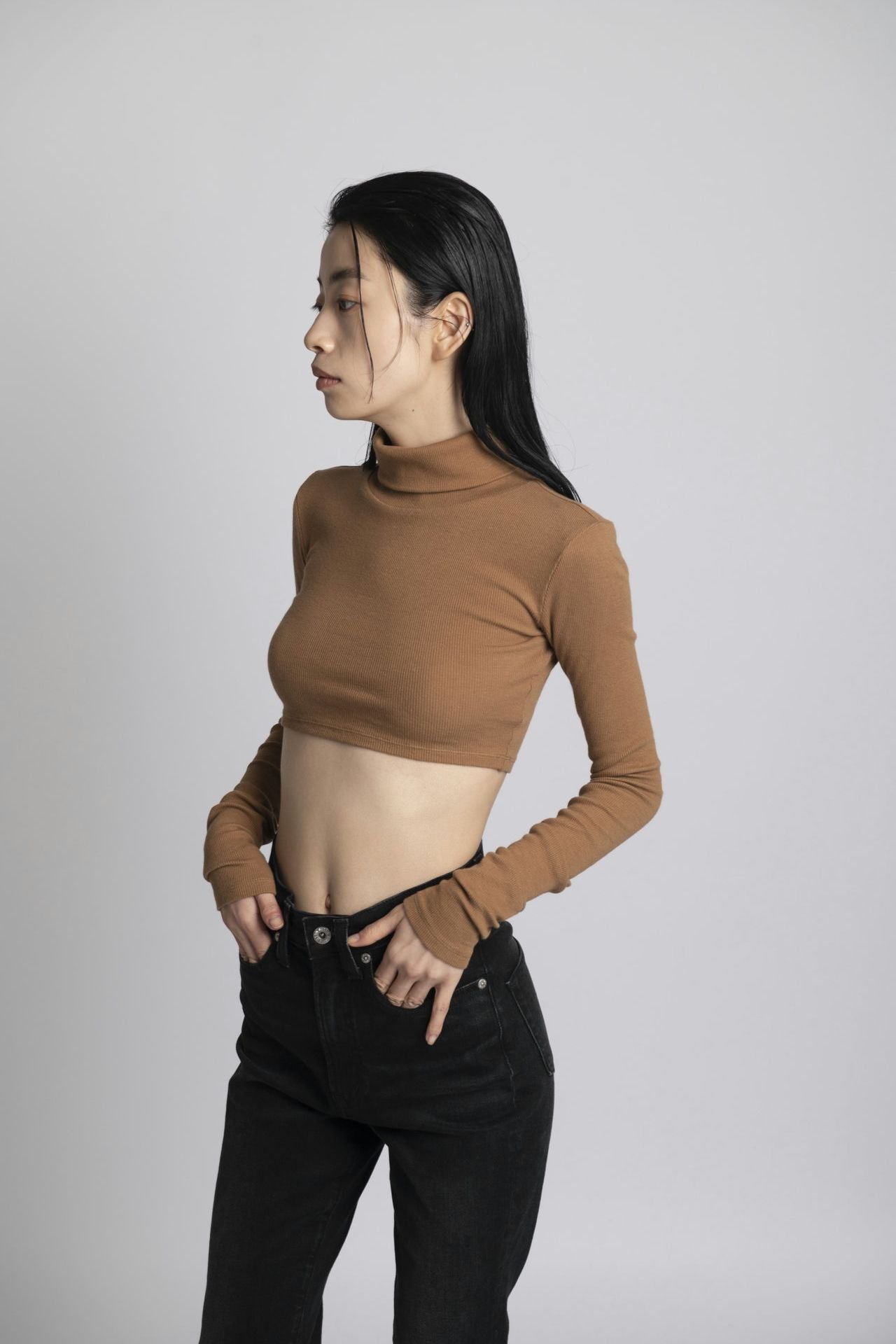 Neo Fitted Cropped Turtle Neck Beige