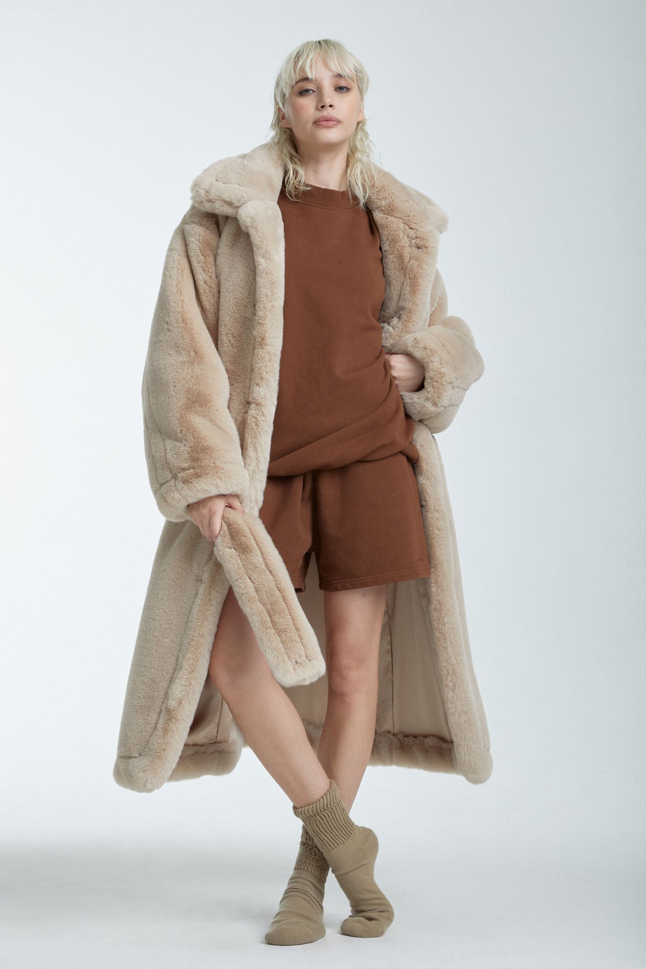 Unisex Eco-Fur Robe Coat Beige