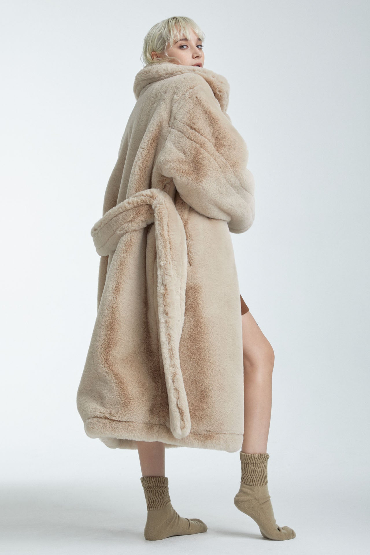 Unisex Eco-Fur Robe Coat Beige