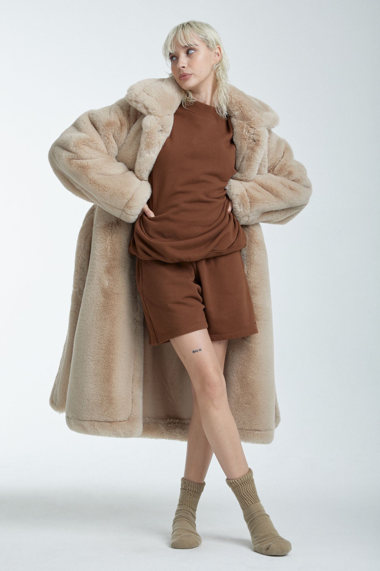 Unisex Eco-Fur Robe Coat Beige