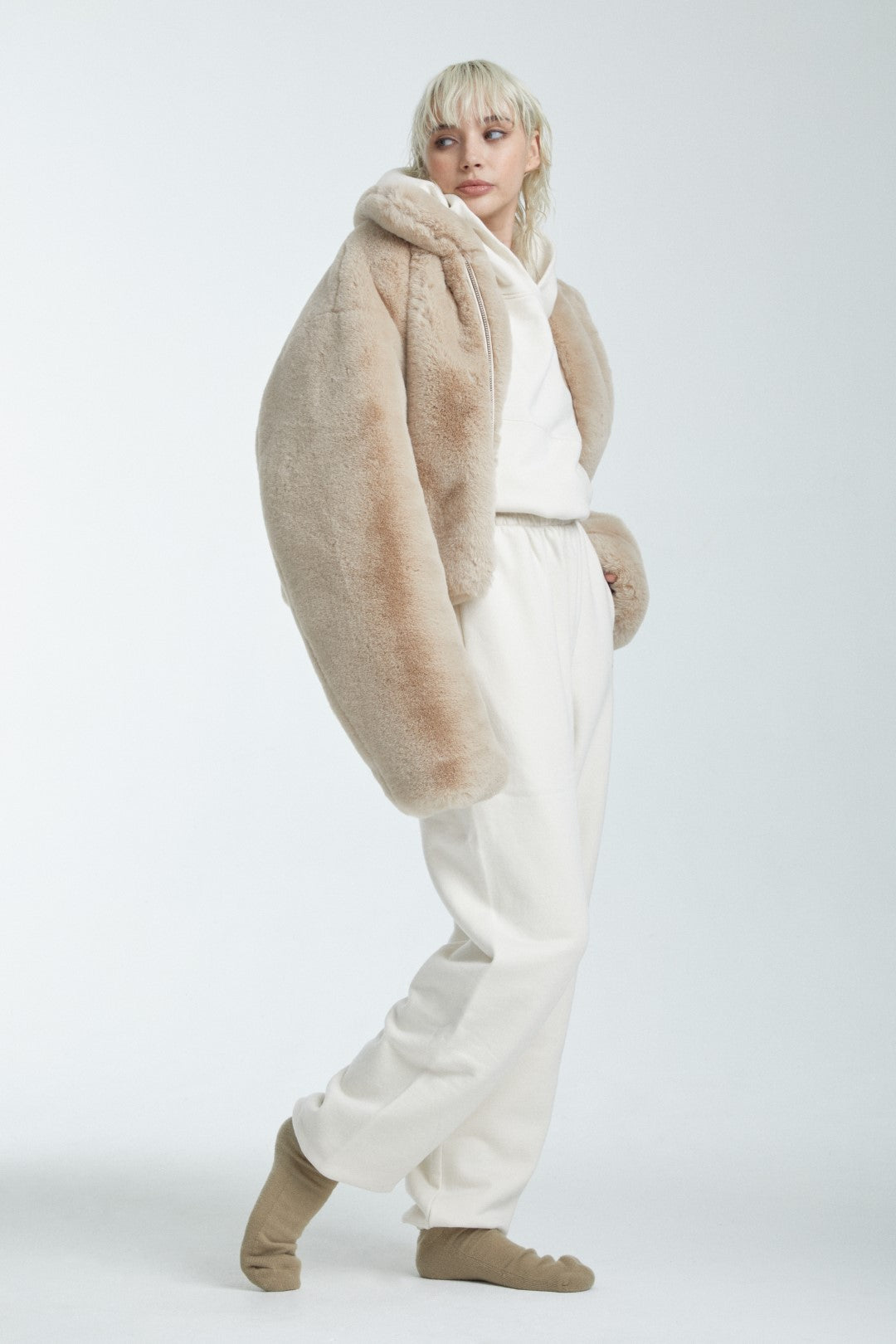 Eco-Fur Cropped Jacket - Beige Model full front