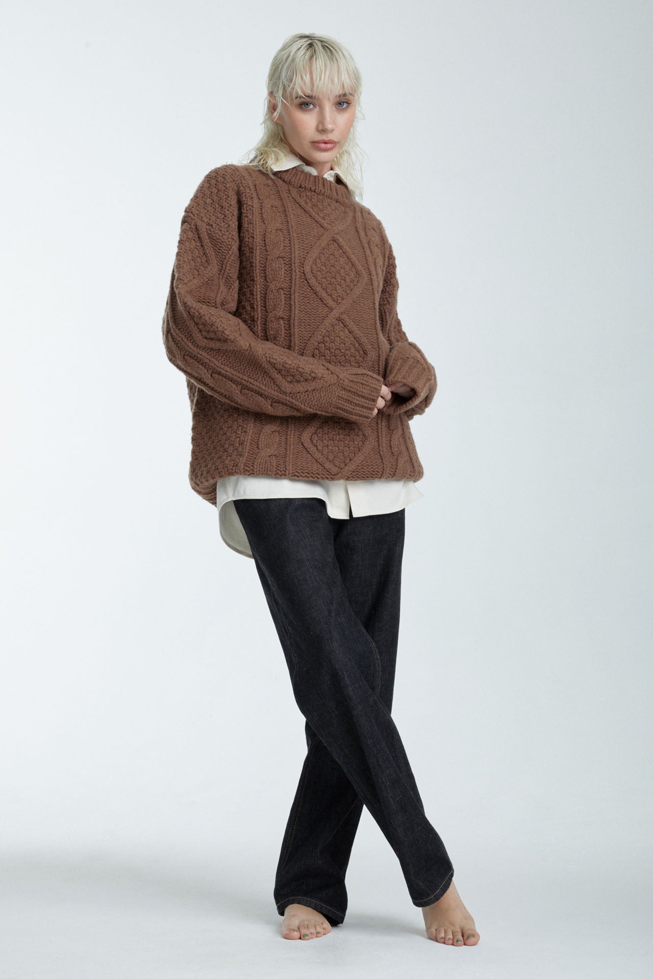 Unisex Cable Knit Sweater Dark Brown