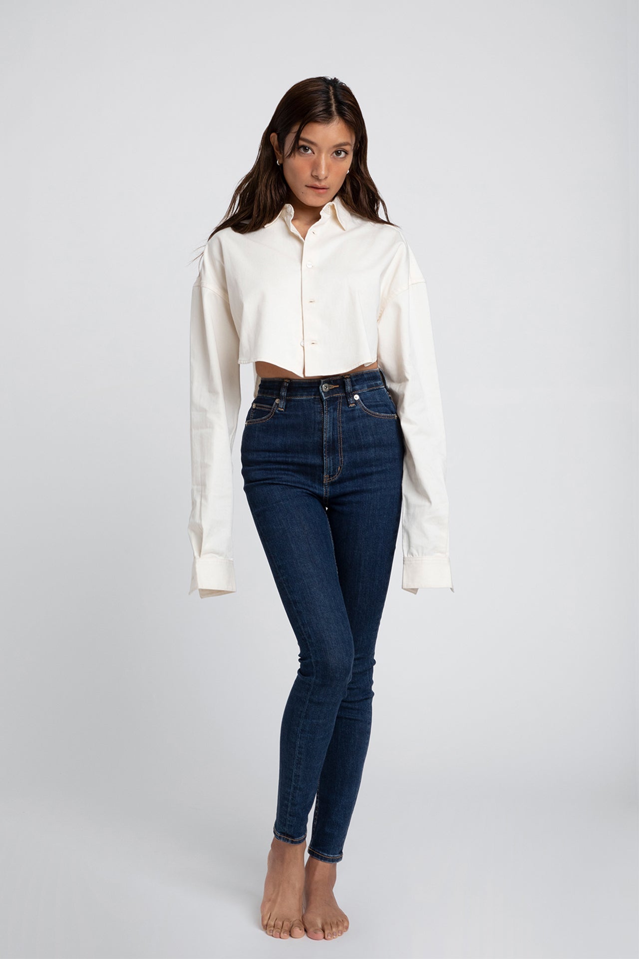 Ecru Cotton Shirt - Cropped Fit Model full front