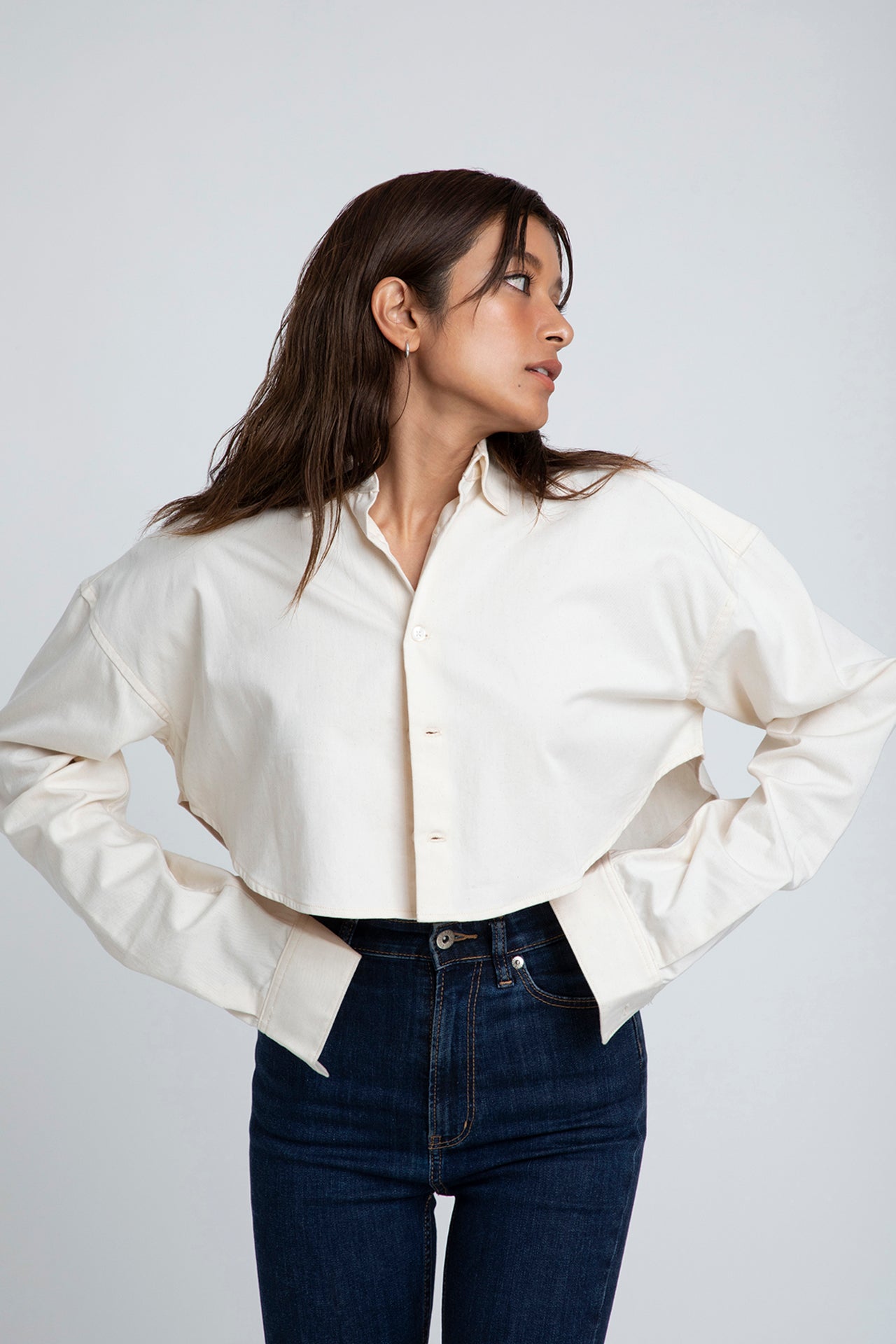 Ecru Cotton Shirt - Cropped Fit Model half