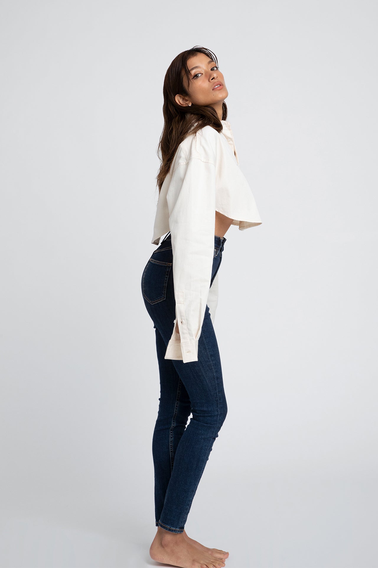 Ecru Cotton Shirt - Cropped Fit Model side