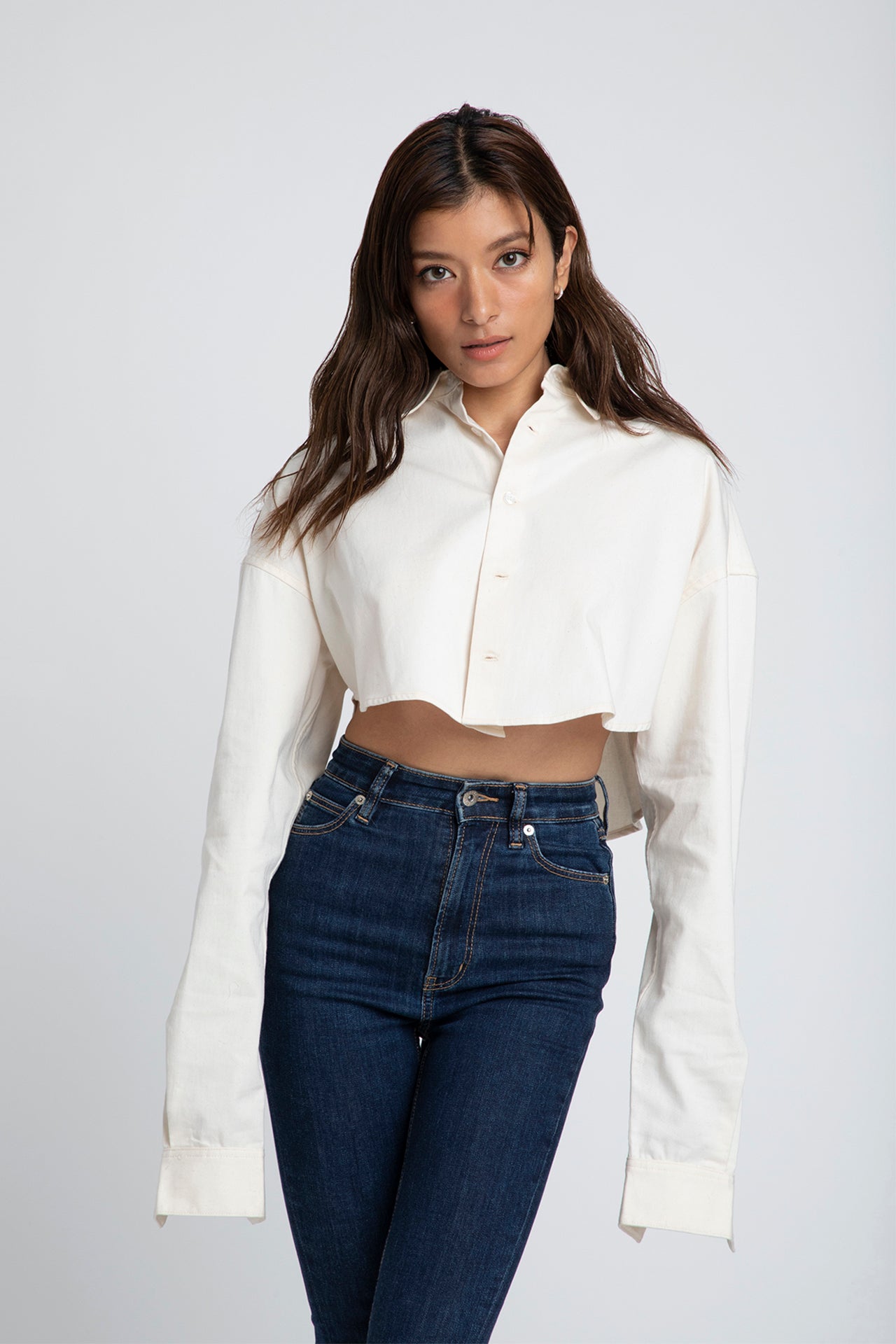 Ecru Cotton Shirt - Cropped Fit Model front 1