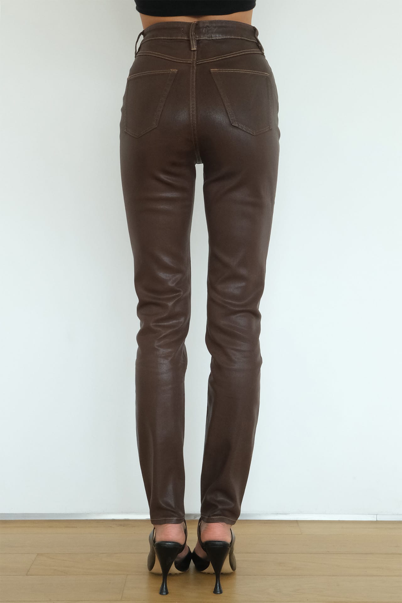 Coated High Rise Skinny - Brown Model full back