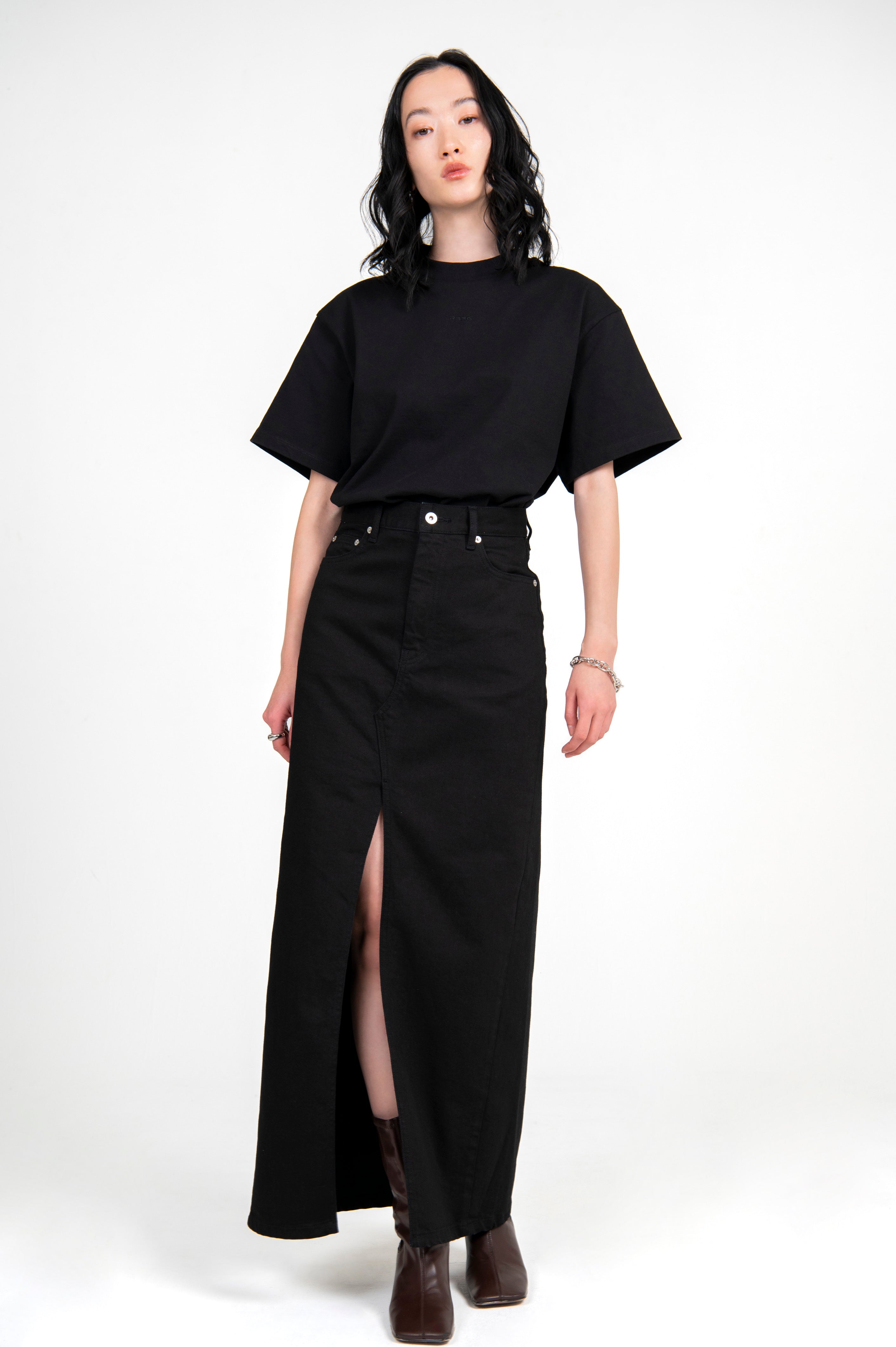 STRETCH DENIM MAXI SKIRT BLACK