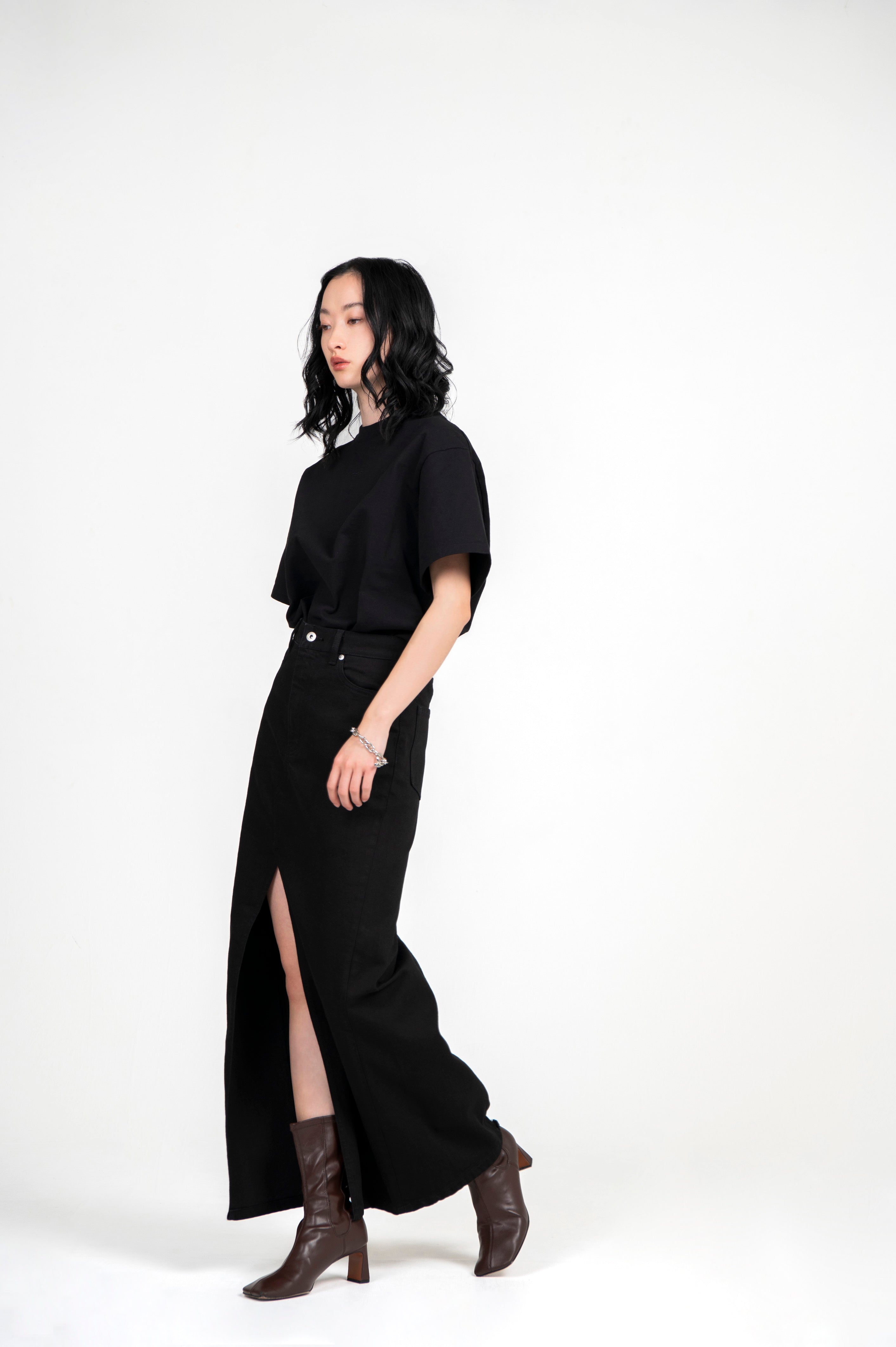 STRETCH DENIM MAXI SKIRT BLACK
