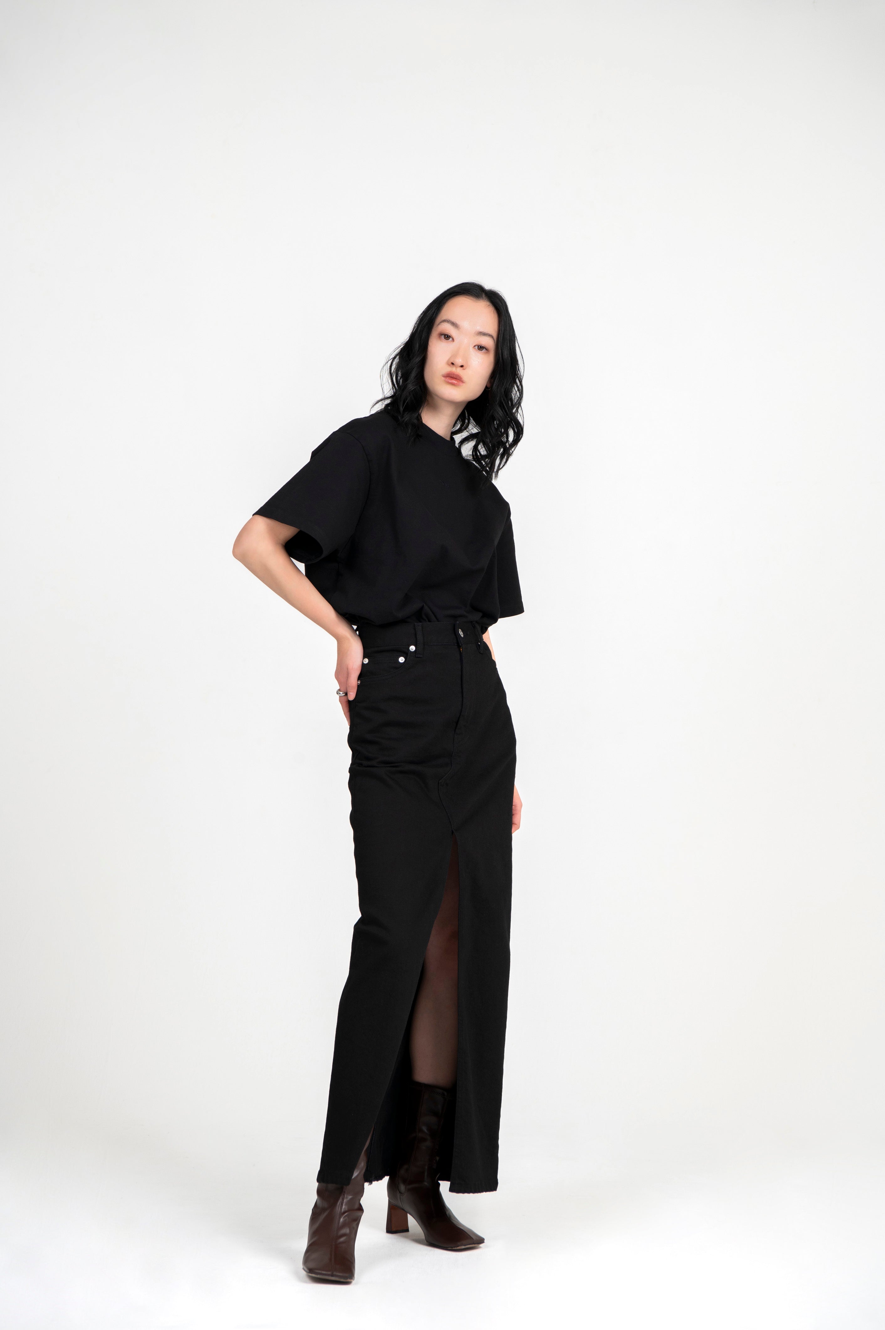 STRETCH DENIM MAXI SKIRT BLACK