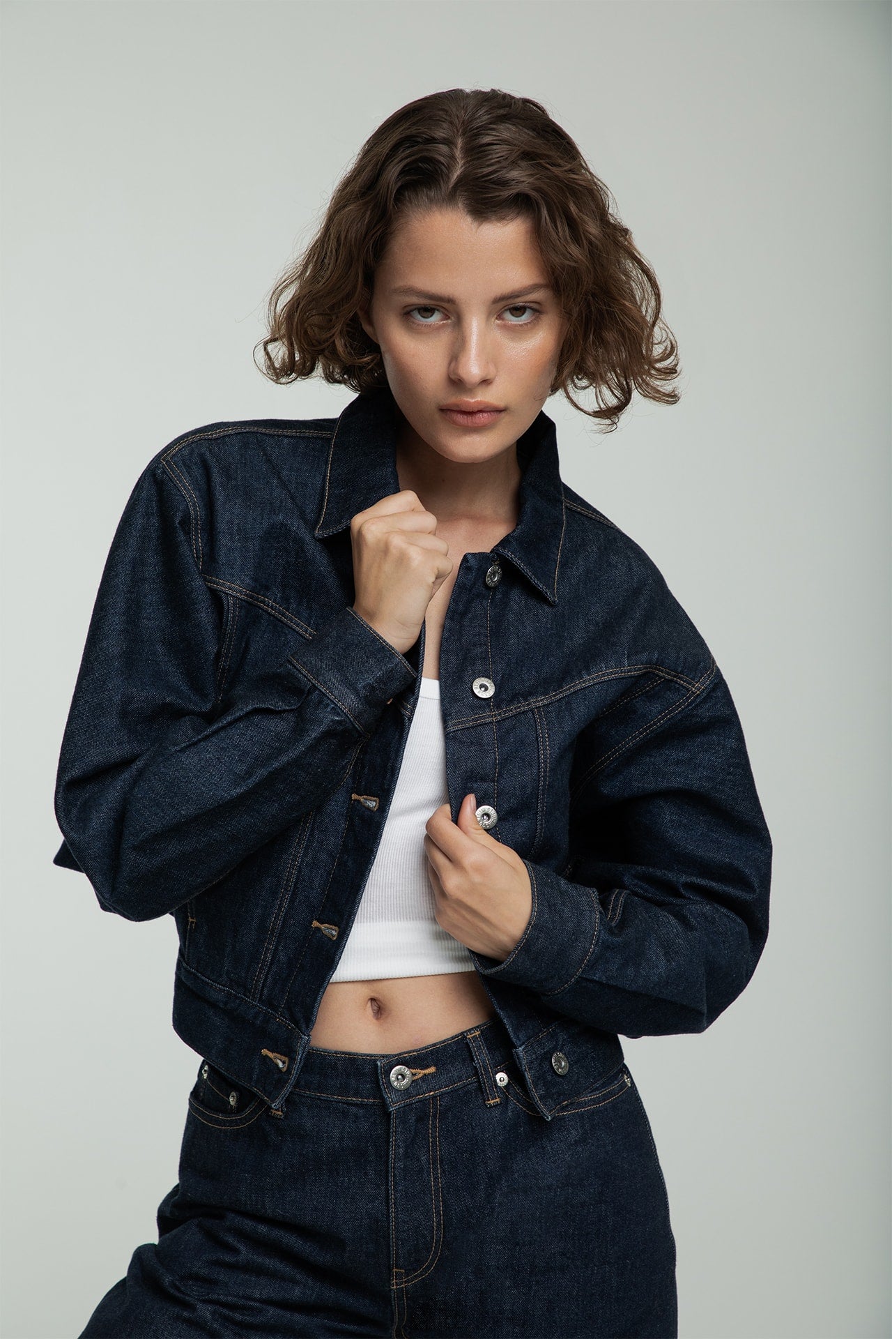 Dolman Sleeve Denim Jacket - Dark Navy Model front