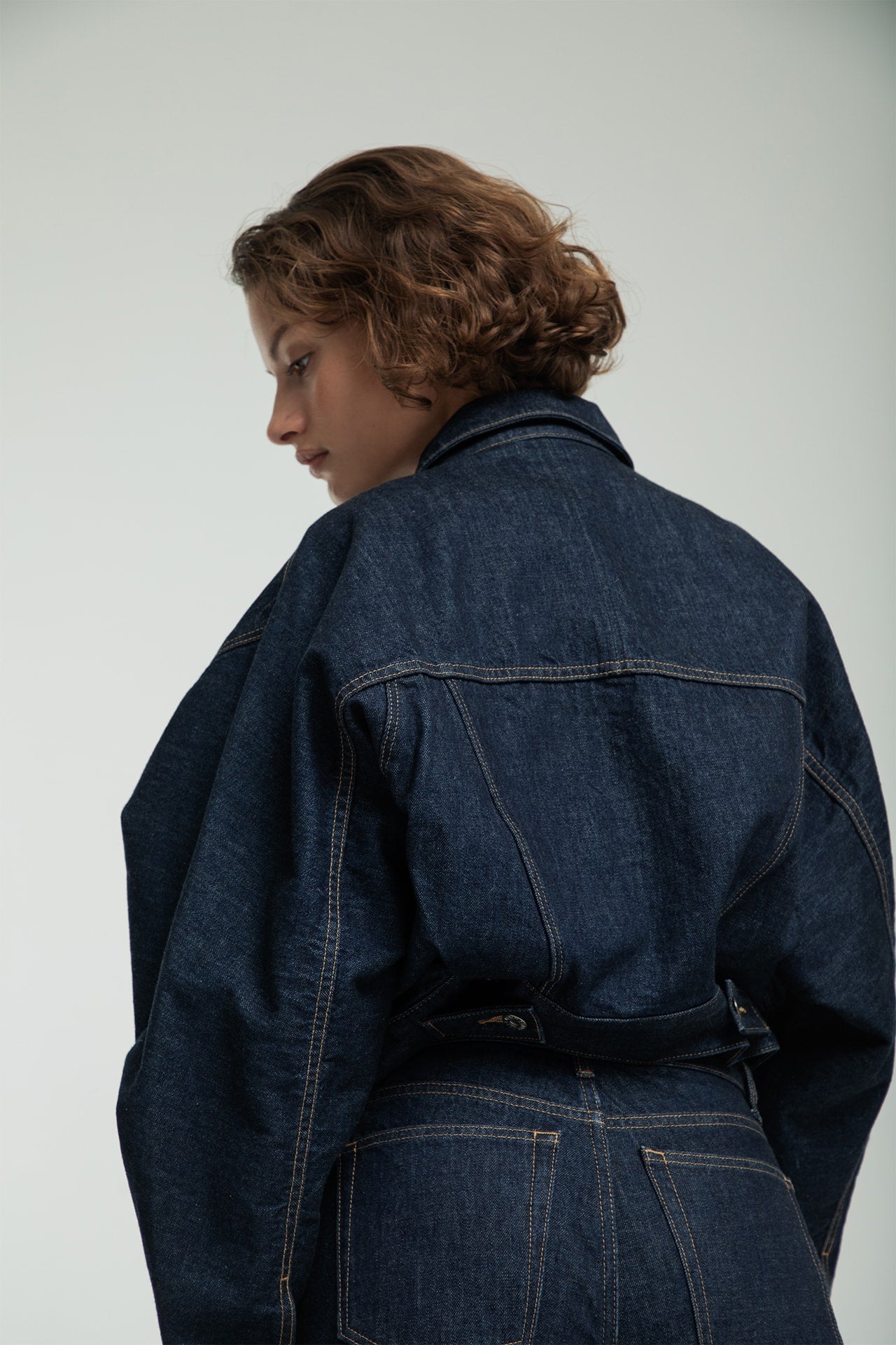 Dolman Sleeve Denim Jacket - Dark Navy Model full back