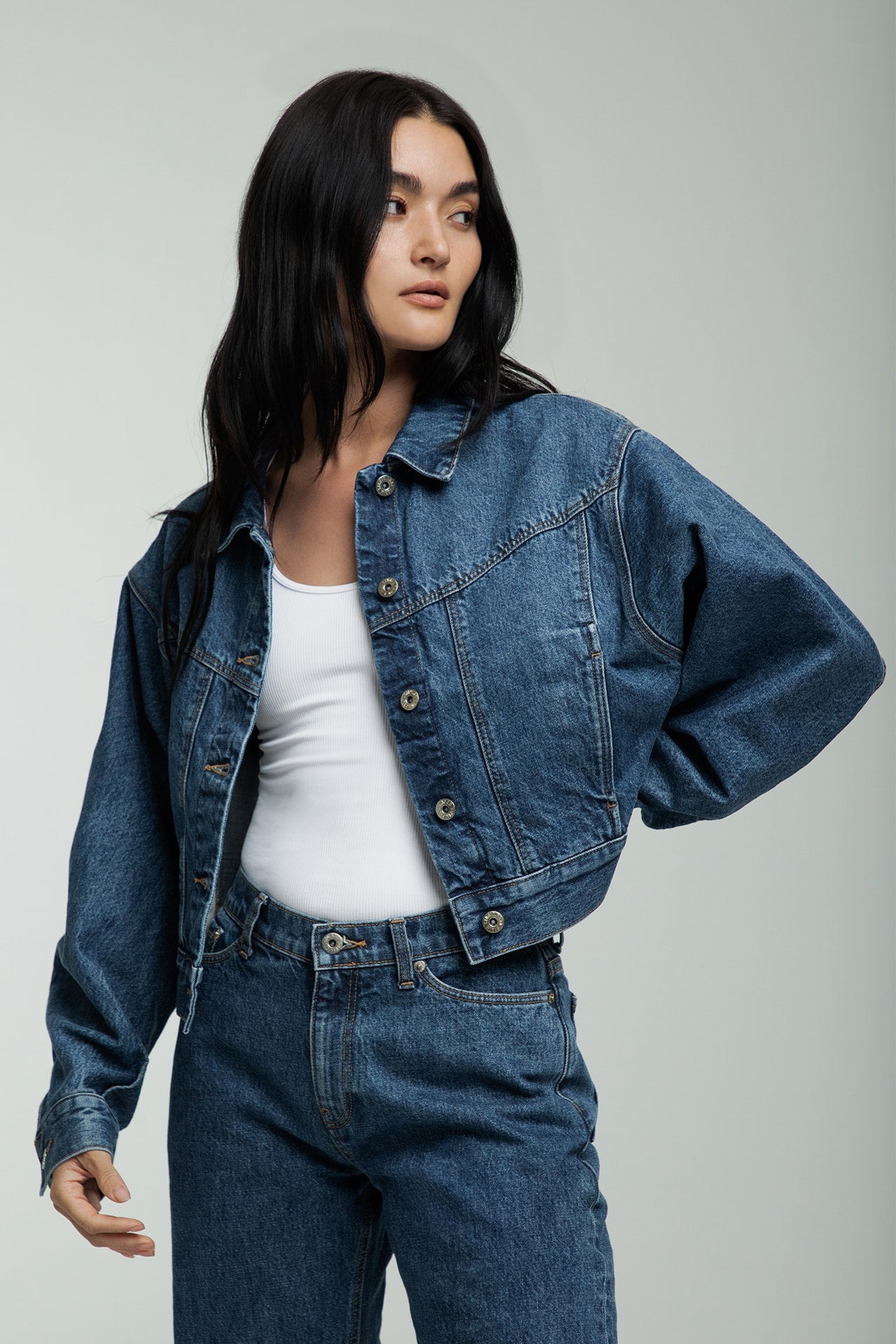 Dolman Sleeve Denim Jacket - Blue Model half front