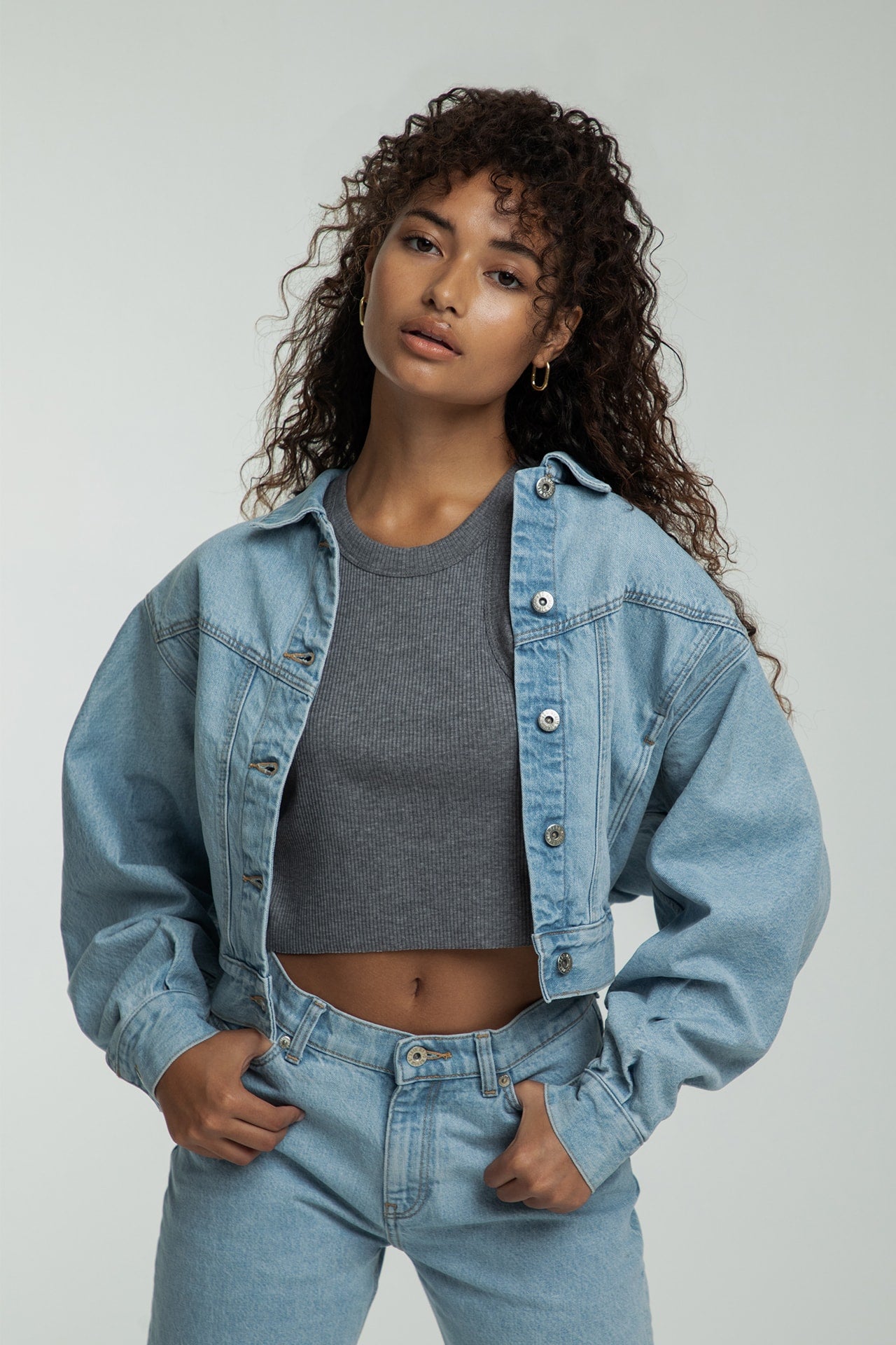 Dolman Sleeve Denim Jacket - Light Blue Model half front