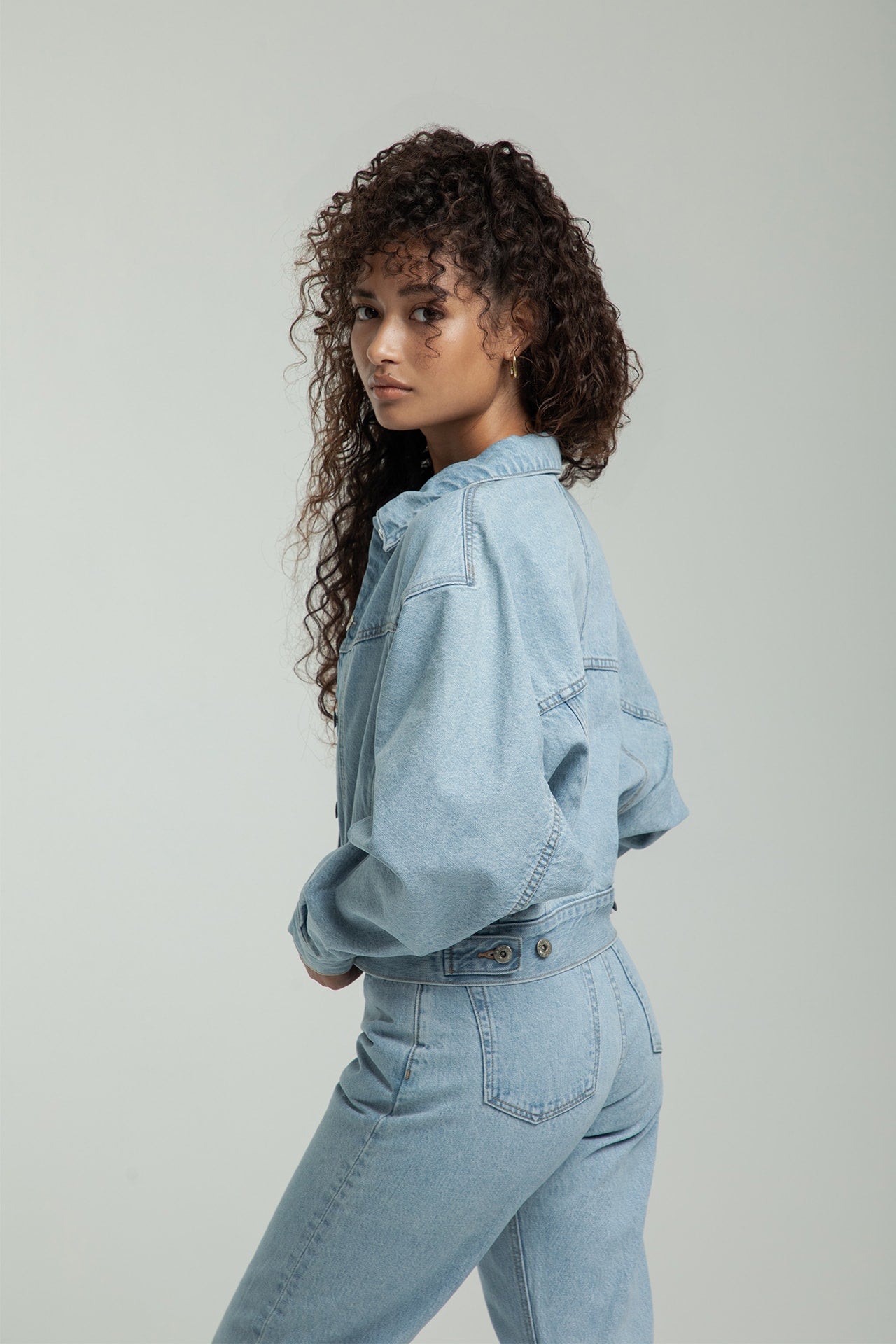 Dolman Sleeve Denim Jacket - Light Blue Model half side