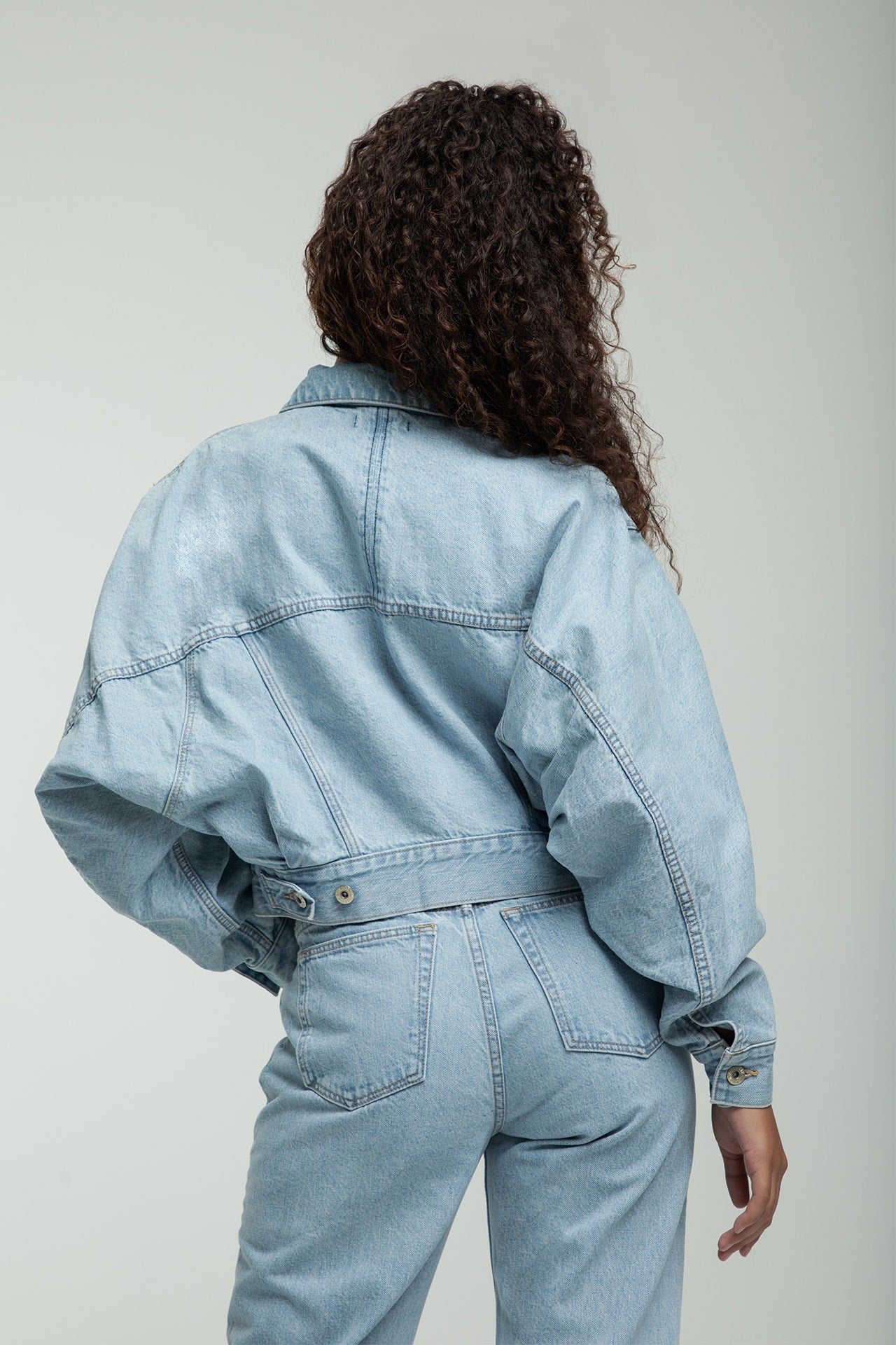 Dolman Sleeve Denim Jacket - Light Blue Model half back