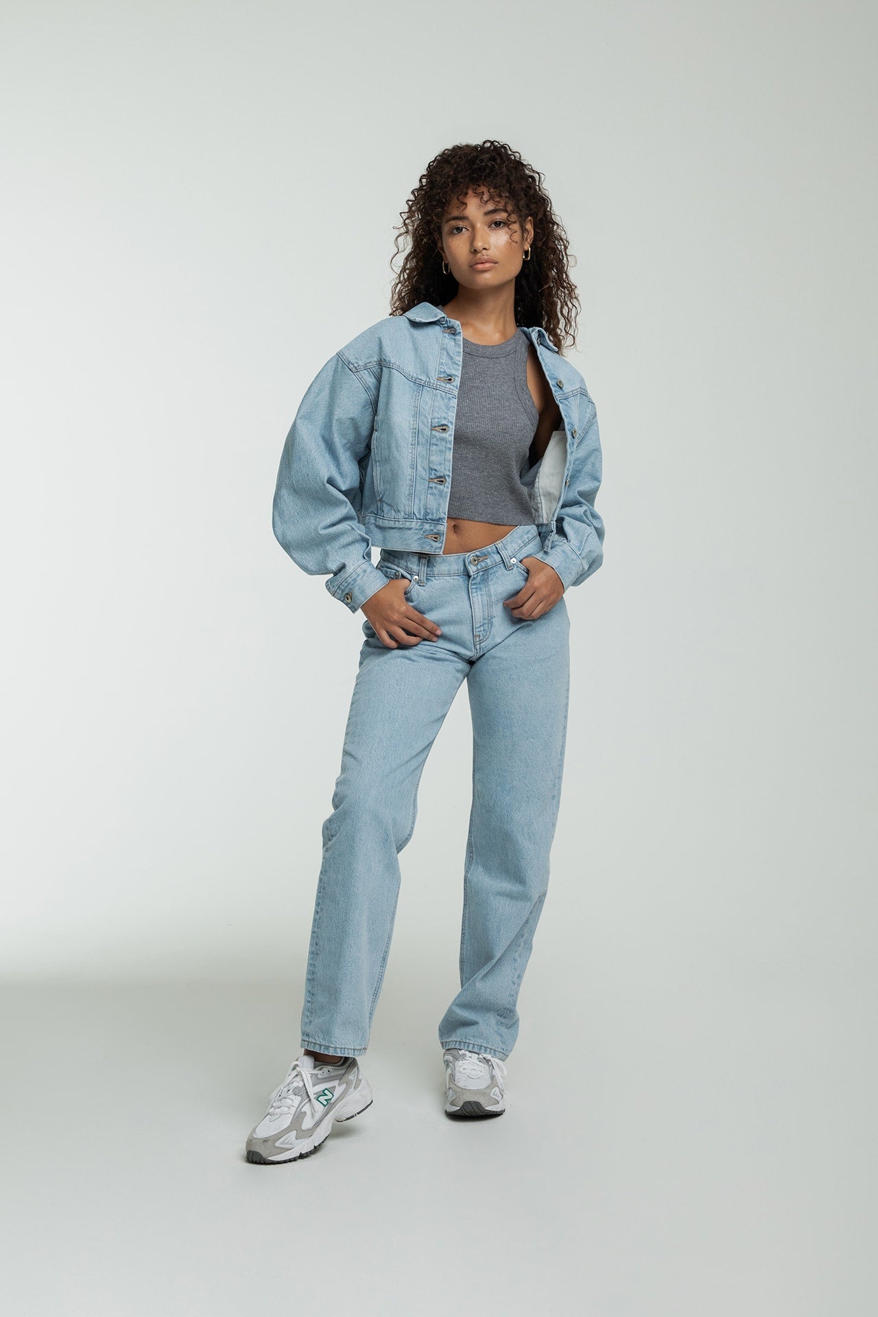 Dolman Sleeve Denim Jacket - Light Blue Model full front