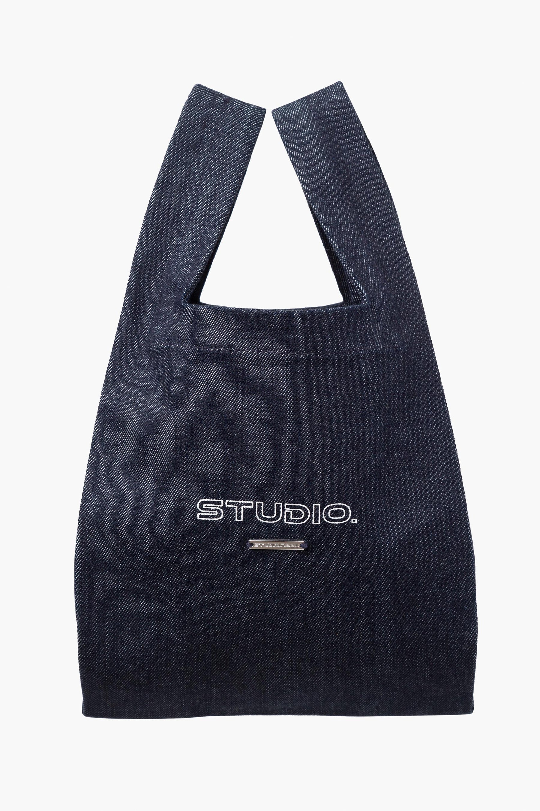 COATED DENIM MARCHE BAG SMALL METALLIC BLUE