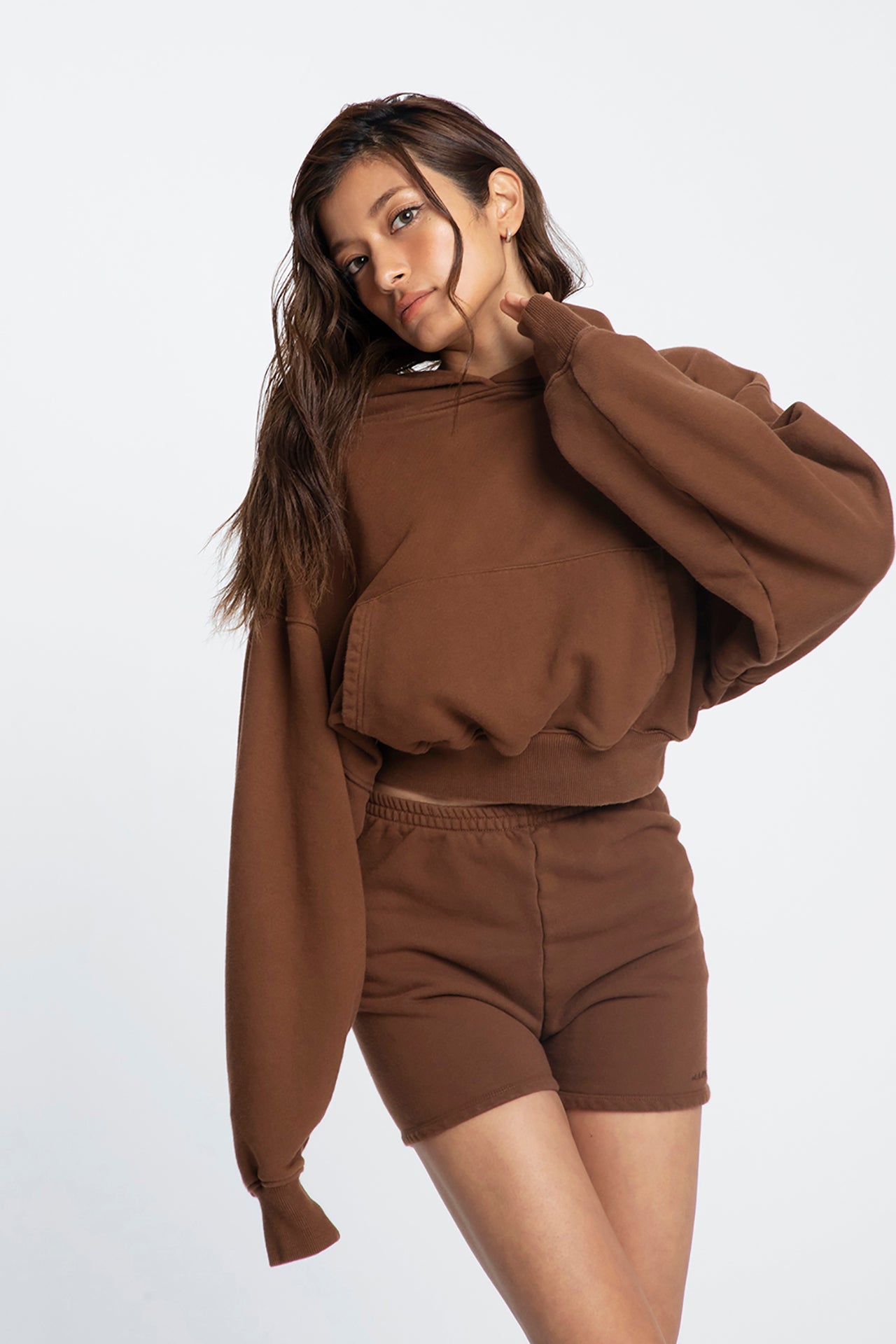 Cropped Pullover Hoodie - Brown model full front 1