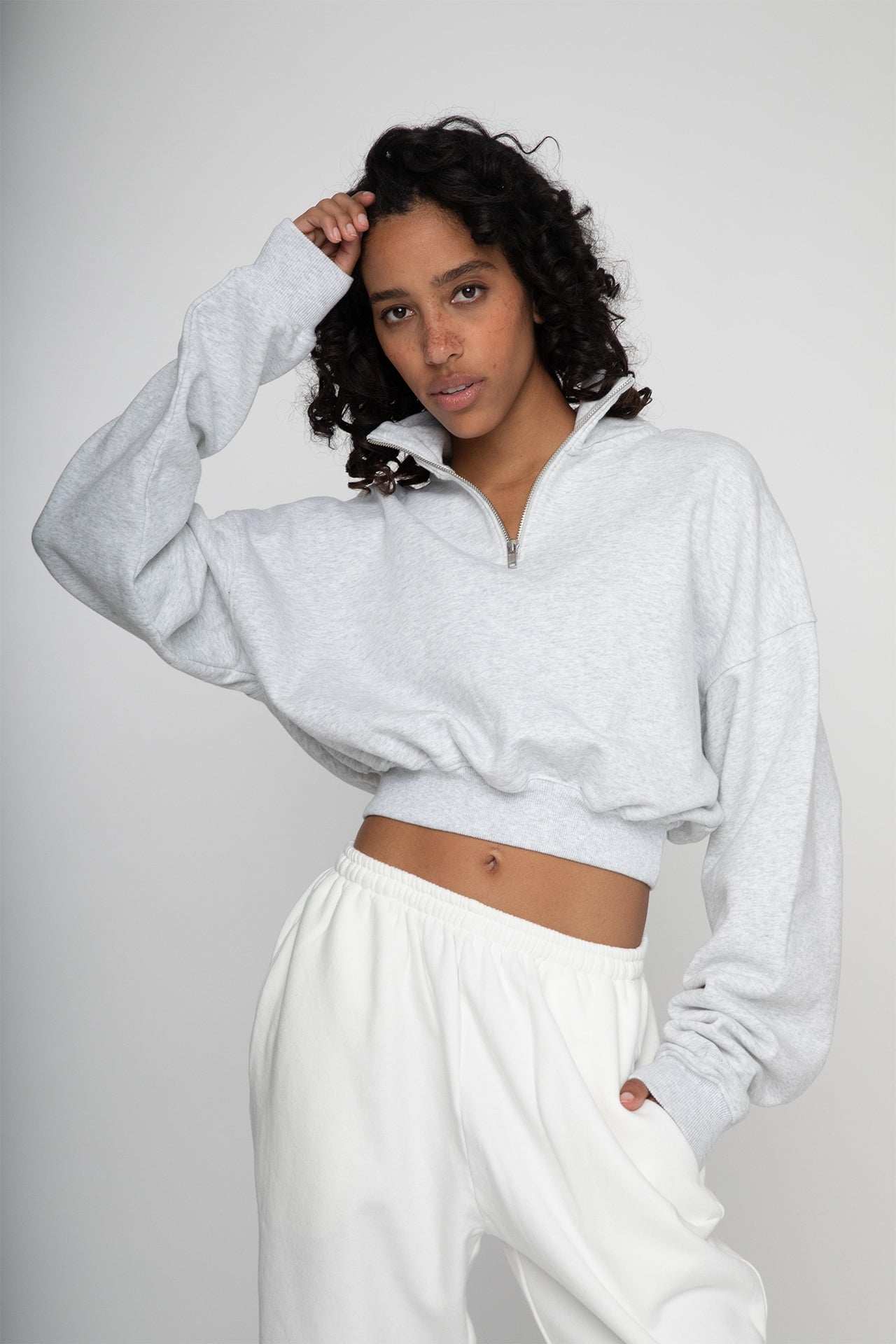 Cropped Half Zip Sweat - Grey Model half front