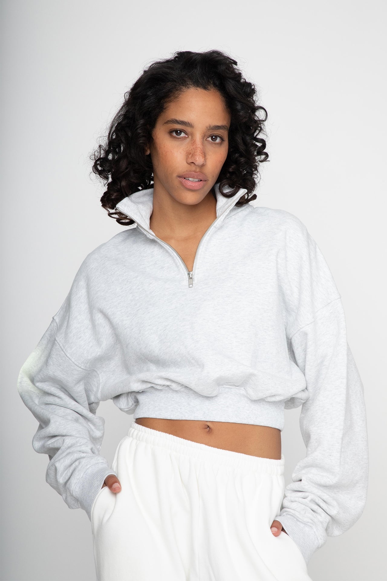 Cropped Half Zip Sweat - Grey Model half front 1