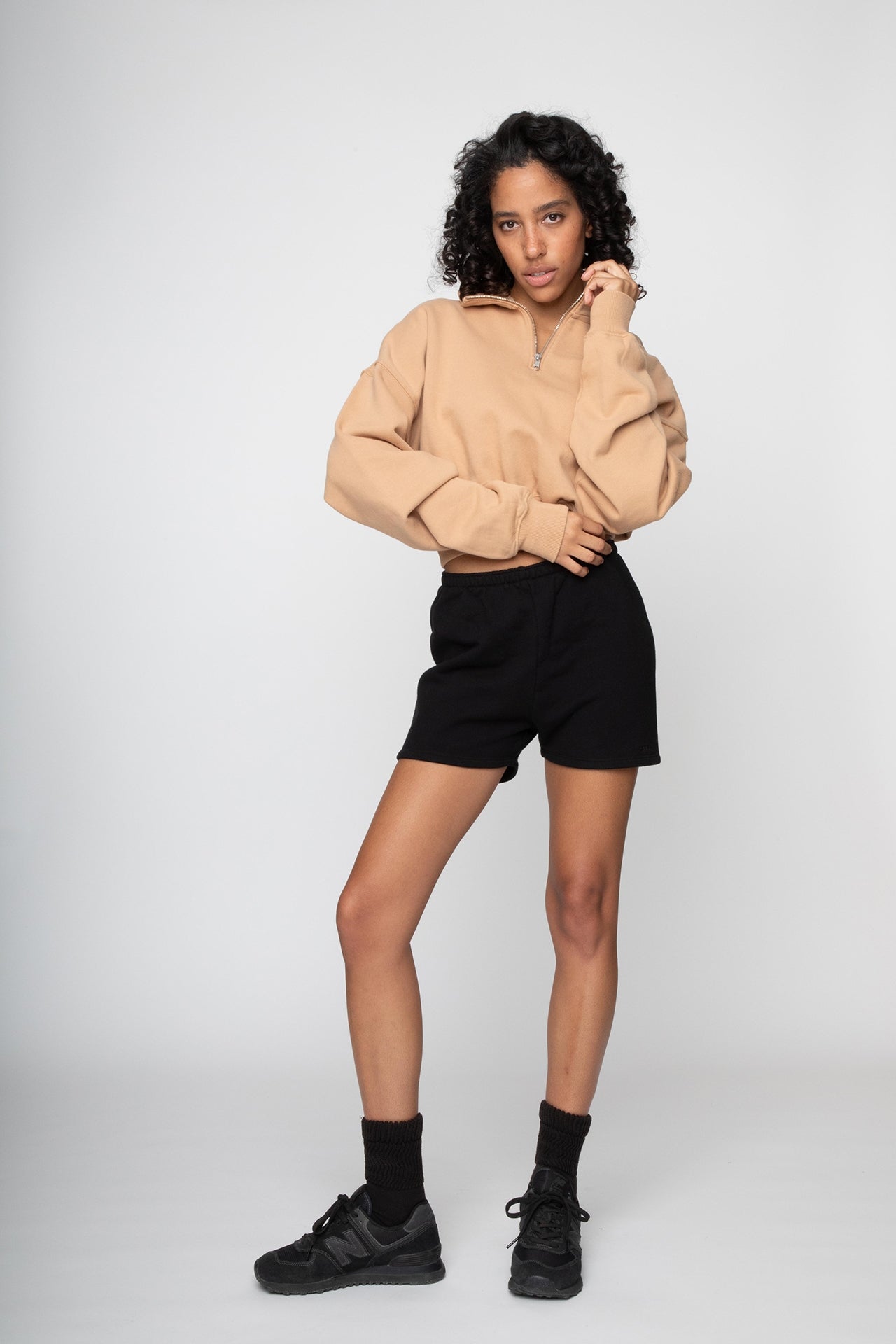 Cropped Half Zip Sweat - Light Brown Model full front